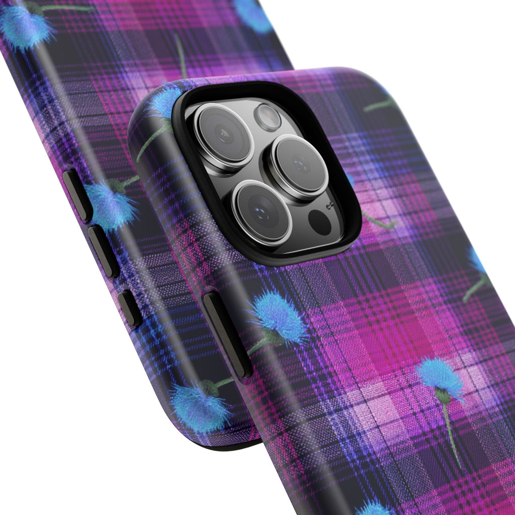 Purple Plaid Blue Thistle Tartan Phone Case — Floral Plaid Protective iPhone Cover
