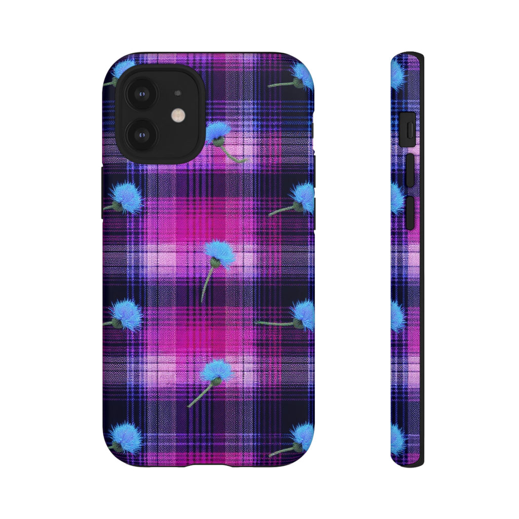 Purple Plaid Blue Thistle Tartan Phone Case — Floral Plaid Protective iPhone Cover