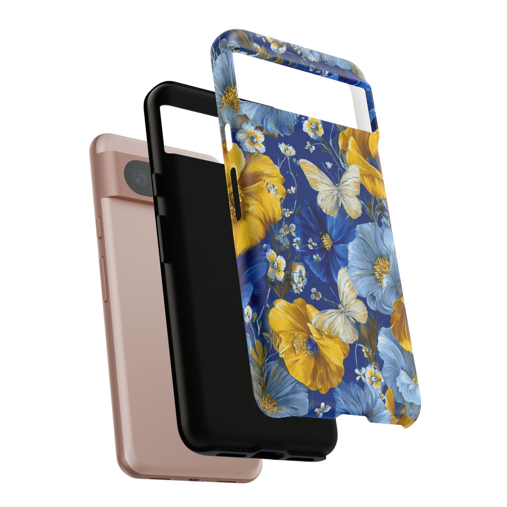 Floral Butterflies Phone Case — Blue & Yellow Tough Protective Cover