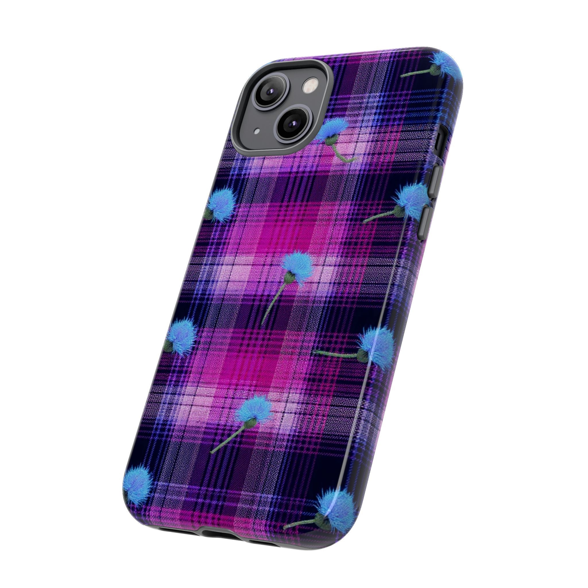 Purple Plaid Blue Thistle Tartan Phone Case — Floral Plaid Protective iPhone Cover