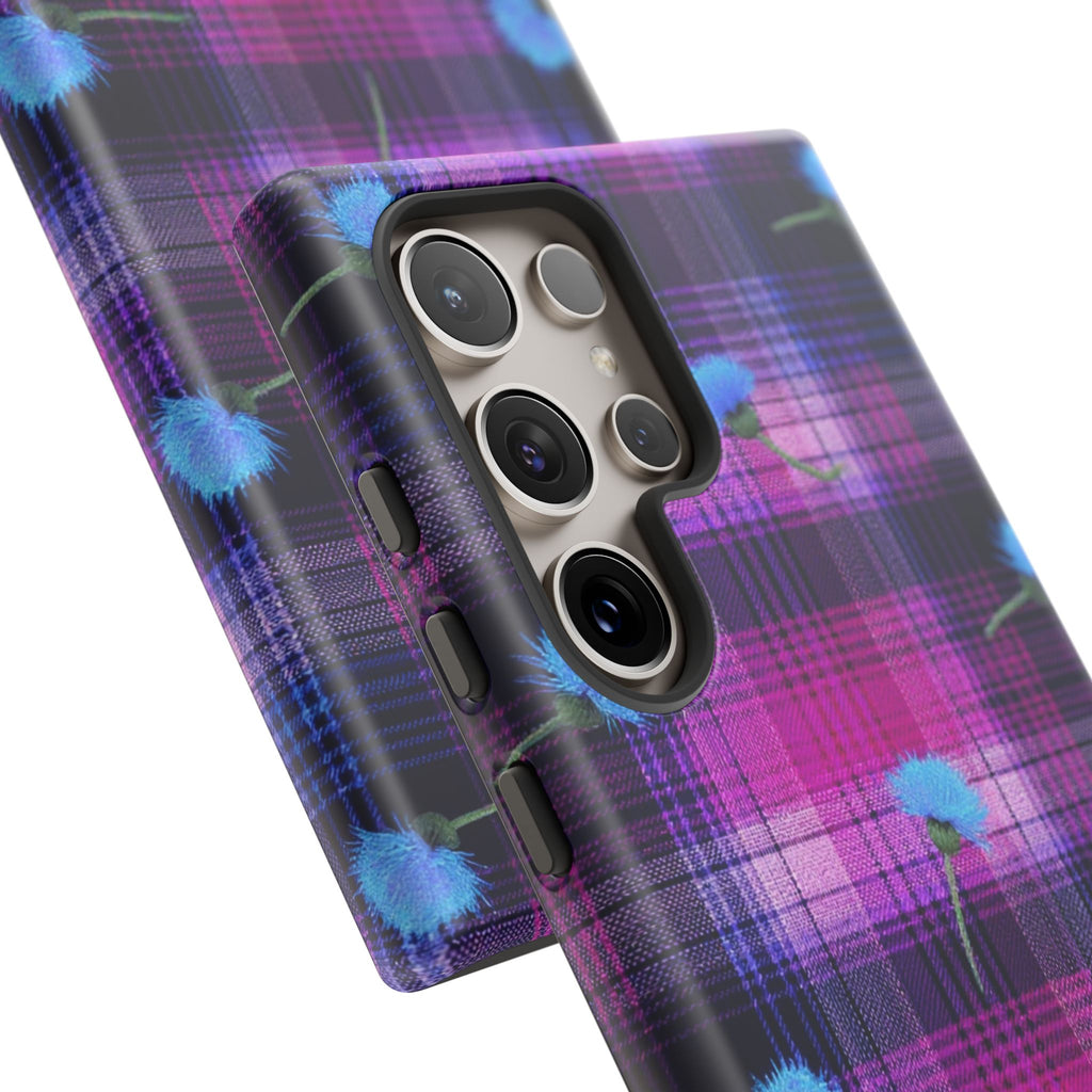 Purple Plaid Blue Thistle Tartan Phone Case — Floral Plaid Protective iPhone Cover