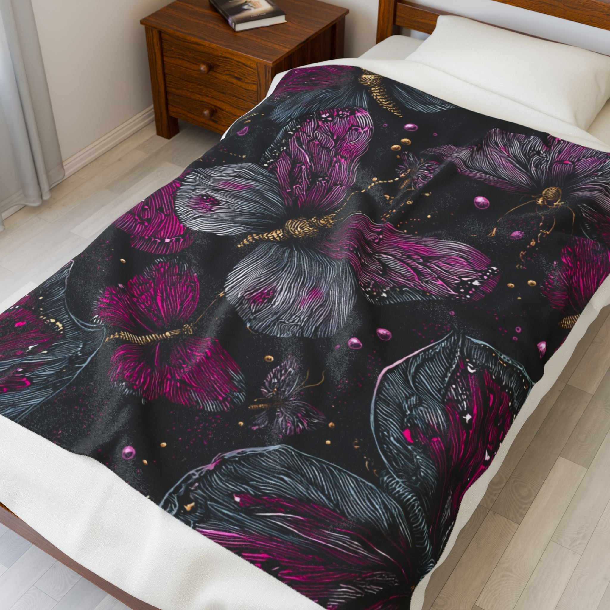 Velveteen Plush Blanket — Midnight Magenta Butterfly Throw