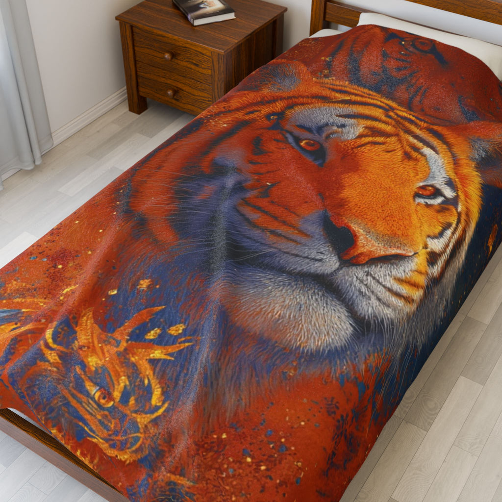 Tiger Portrait Velveteen Plush Blanket — Cozy Vibrant Wildlife Throw