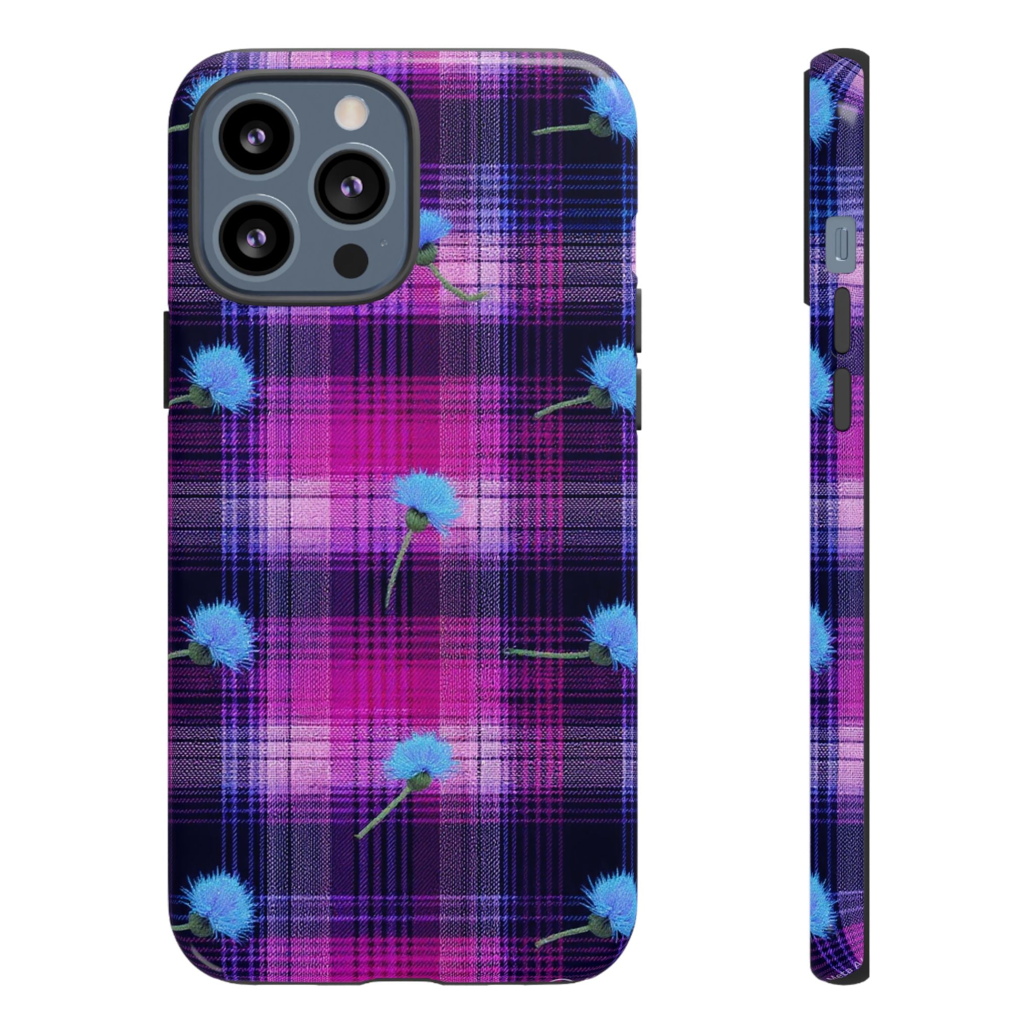 Purple Plaid Blue Thistle Tartan Phone Case — Floral Plaid Protective iPhone Cover