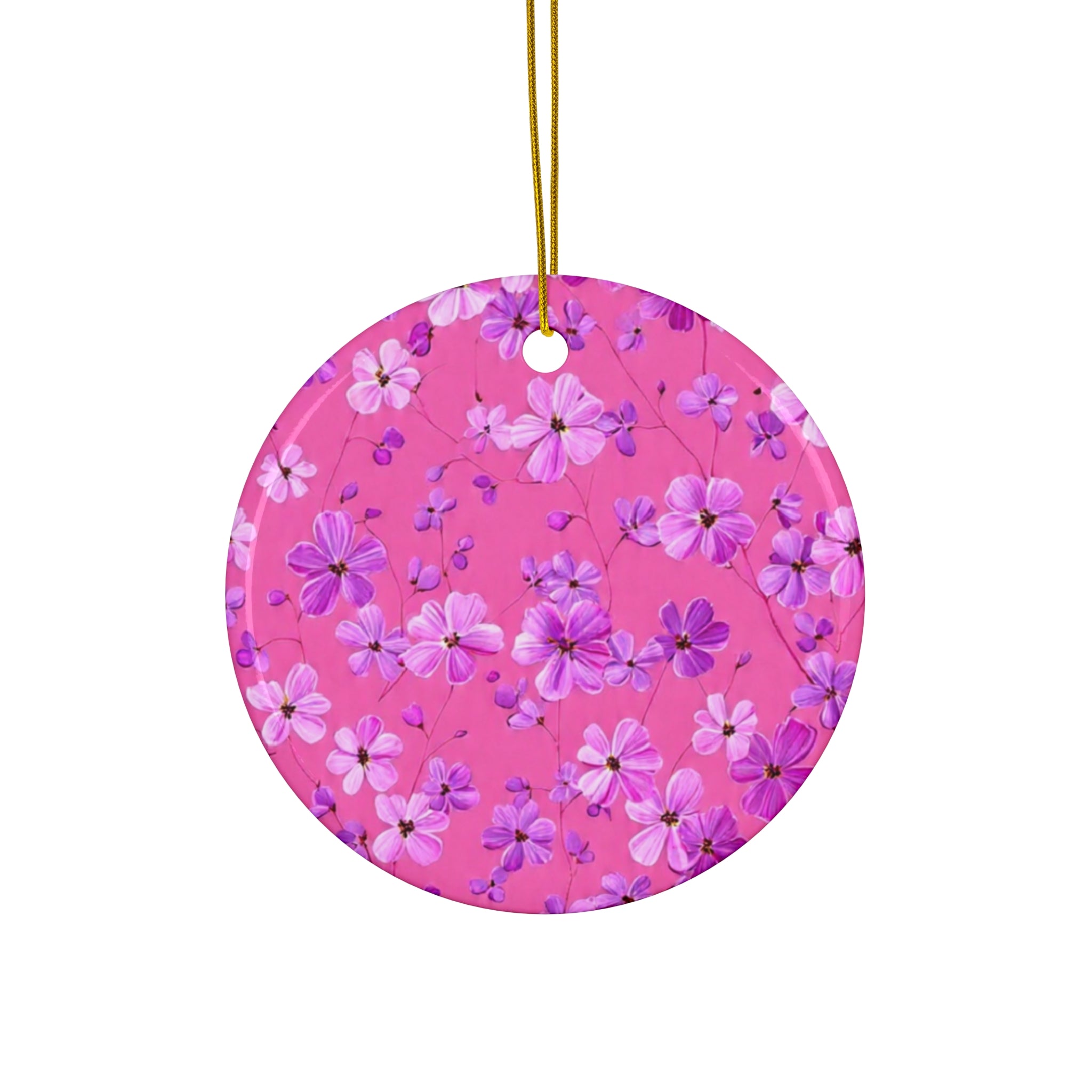 Floral Pink Star Ceramic Ornament — Flower Pattern Holiday Decoration