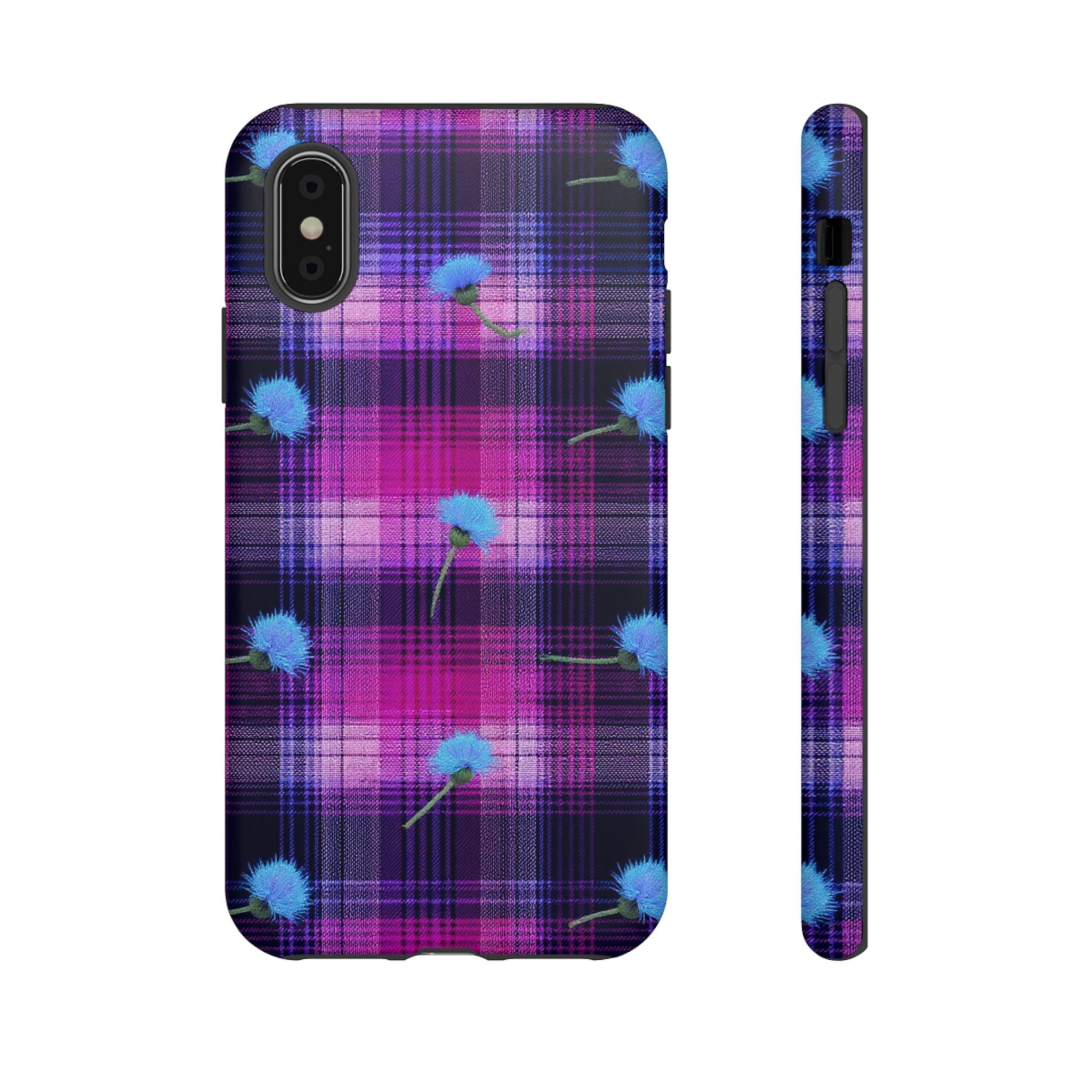 Purple Plaid Blue Thistle Tartan Phone Case — Floral Plaid Protective iPhone Cover