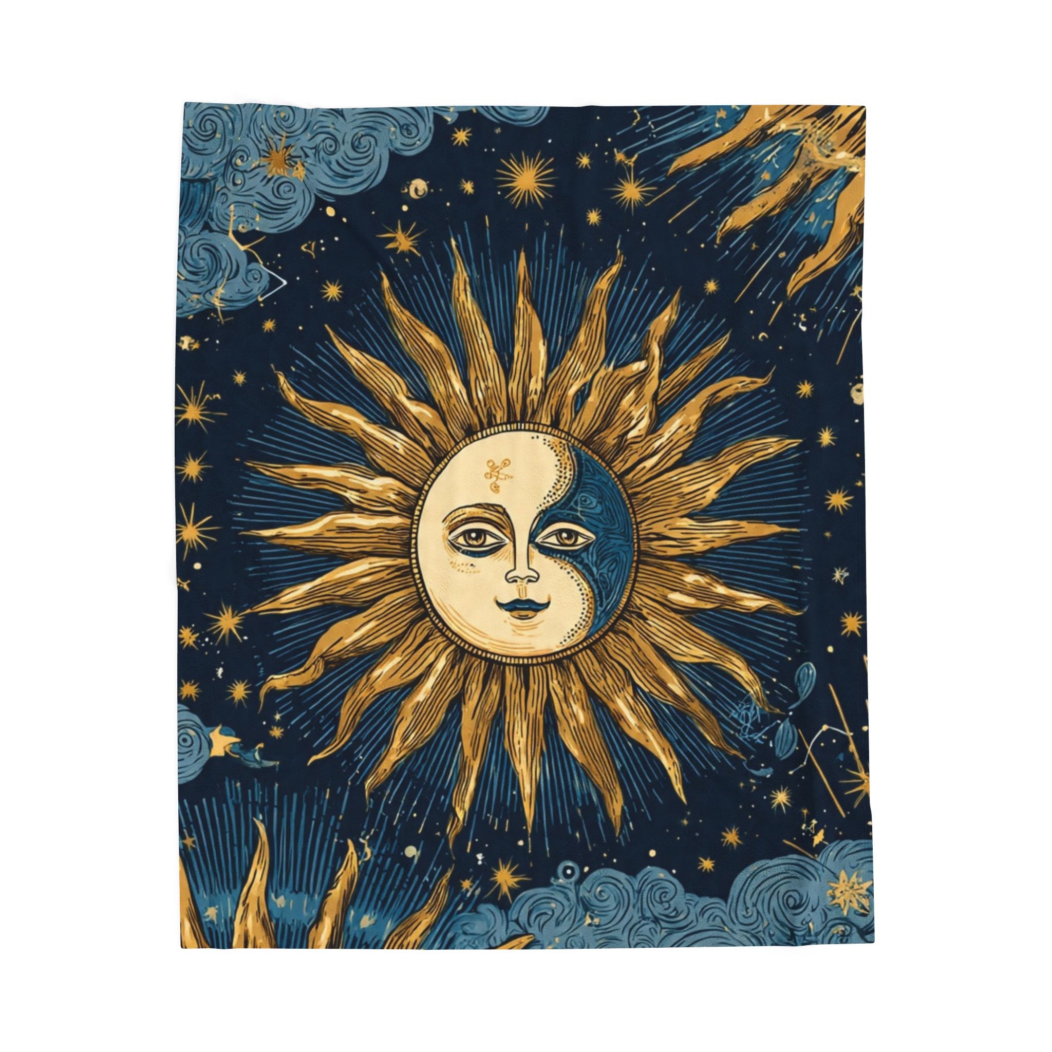Celestial Sun & Moon Velveteen Plush Blanket — Starry Night Boho Throw