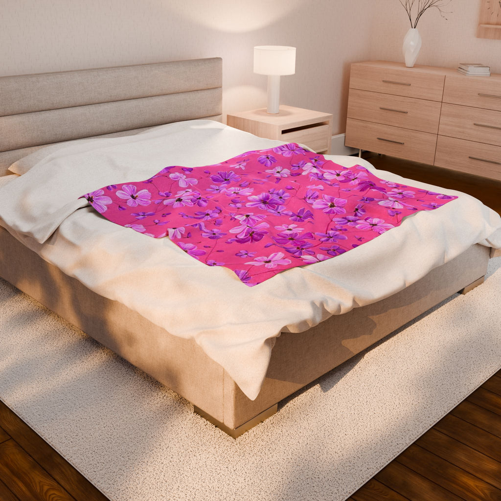 Velveteen Plush Blanket — Pink Floral Cherry Blossom Throw for Cozy Home & Gifts
