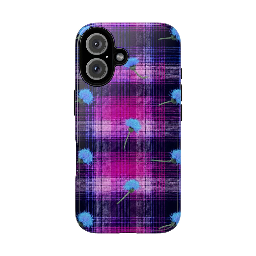 Purple Plaid Blue Thistle Tartan Phone Case — Floral Plaid Protective iPhone Cover