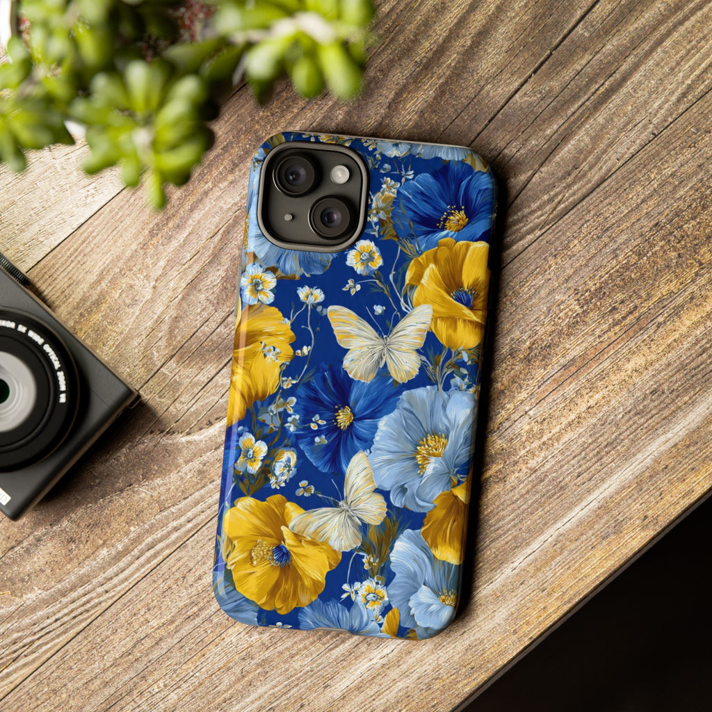 Floral Butterflies Phone Case — Blue & Yellow Tough Protective Cover