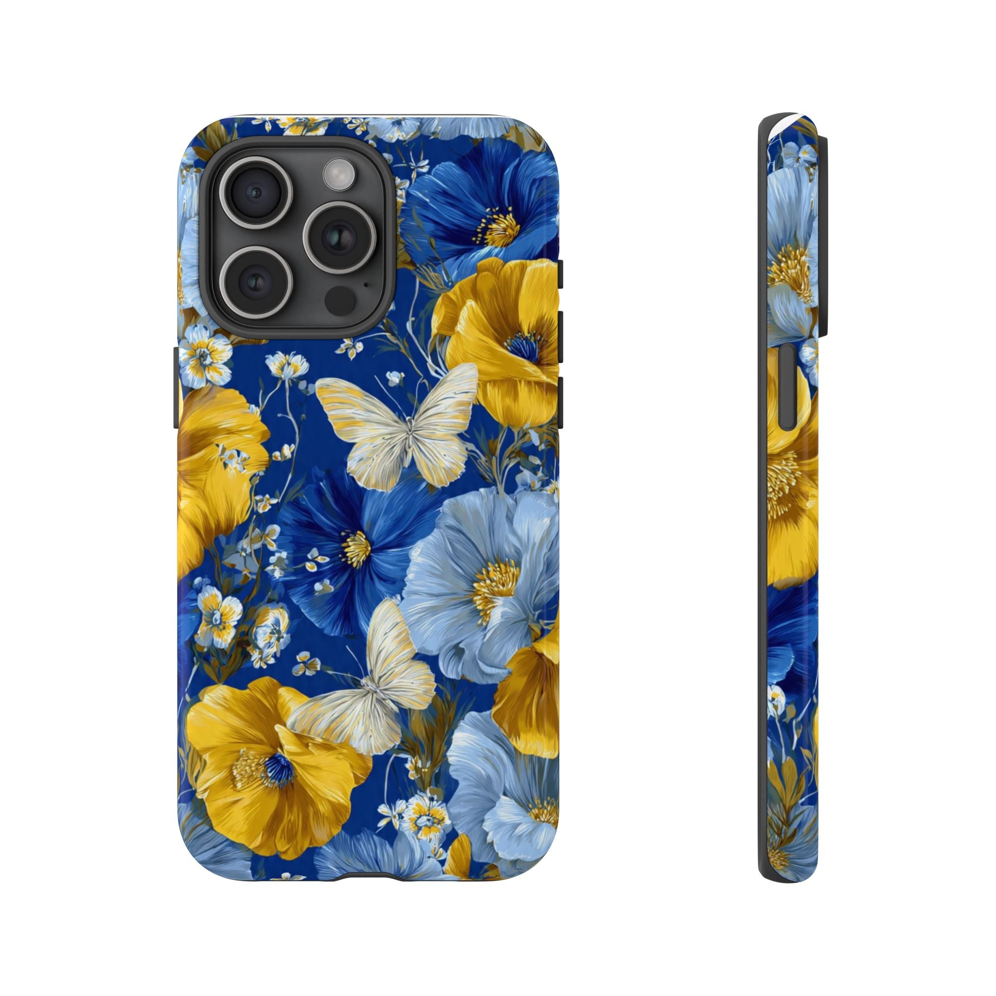 Floral Butterflies Phone Case — Blue & Yellow Tough Protective Cover