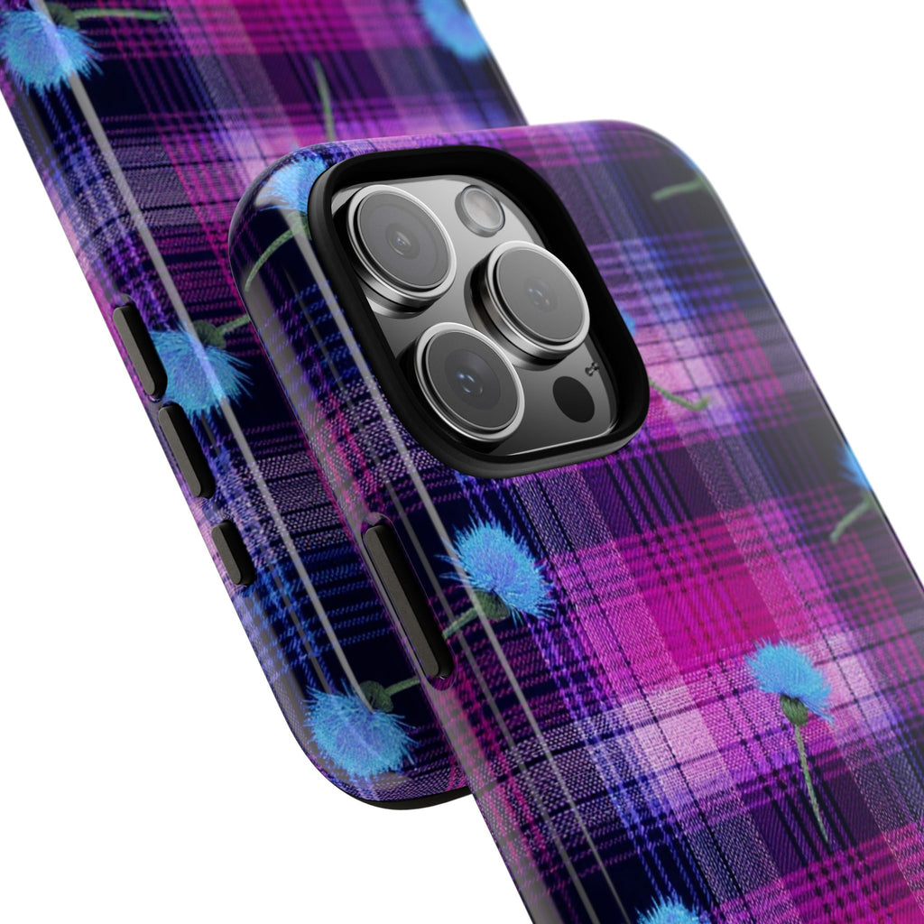 Purple Plaid Blue Thistle Tartan Phone Case — Floral Plaid Protective iPhone Cover