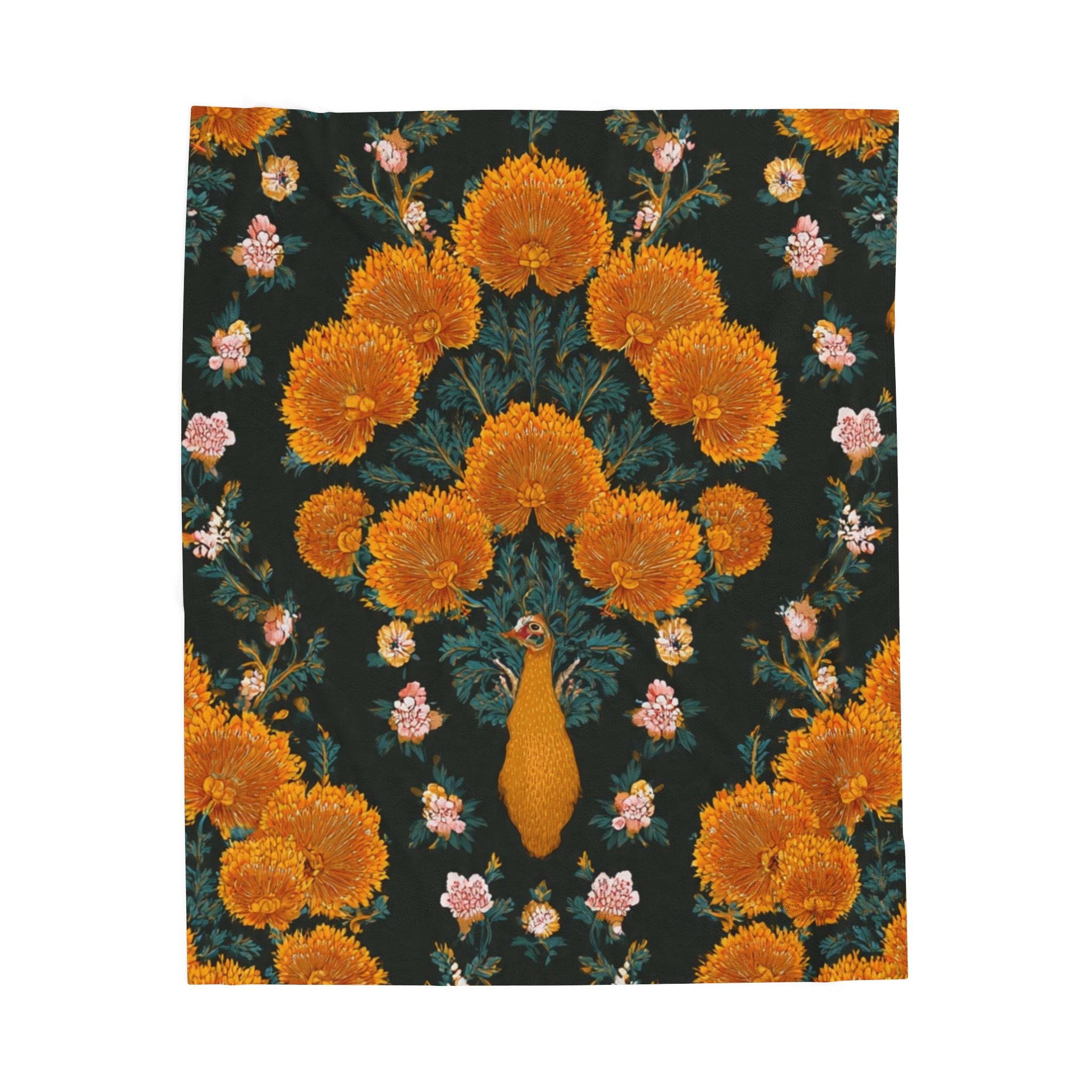 Velveteen Plush Blanket — Vintage Marigold Peacock Floral Throw