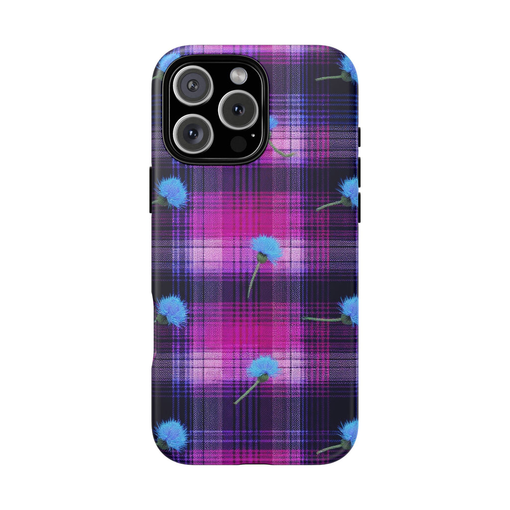 Purple Plaid Blue Thistle Tartan Phone Case — Floral Plaid Protective iPhone Cover