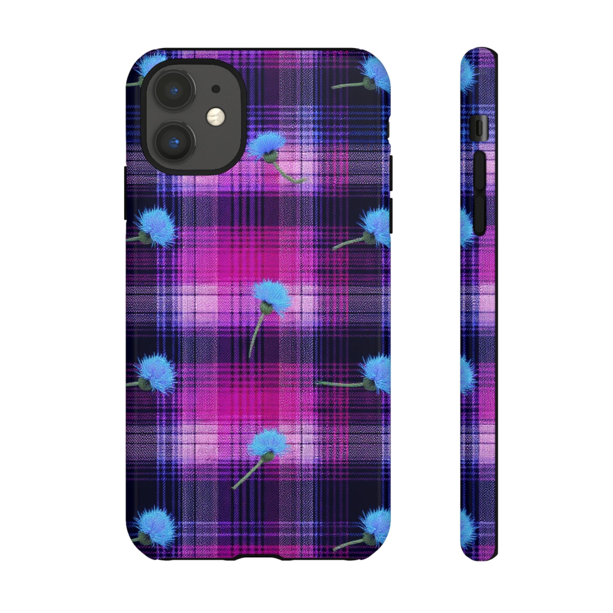 Purple Plaid Blue Thistle Tartan Phone Case — Floral Plaid Protective iPhone Cover