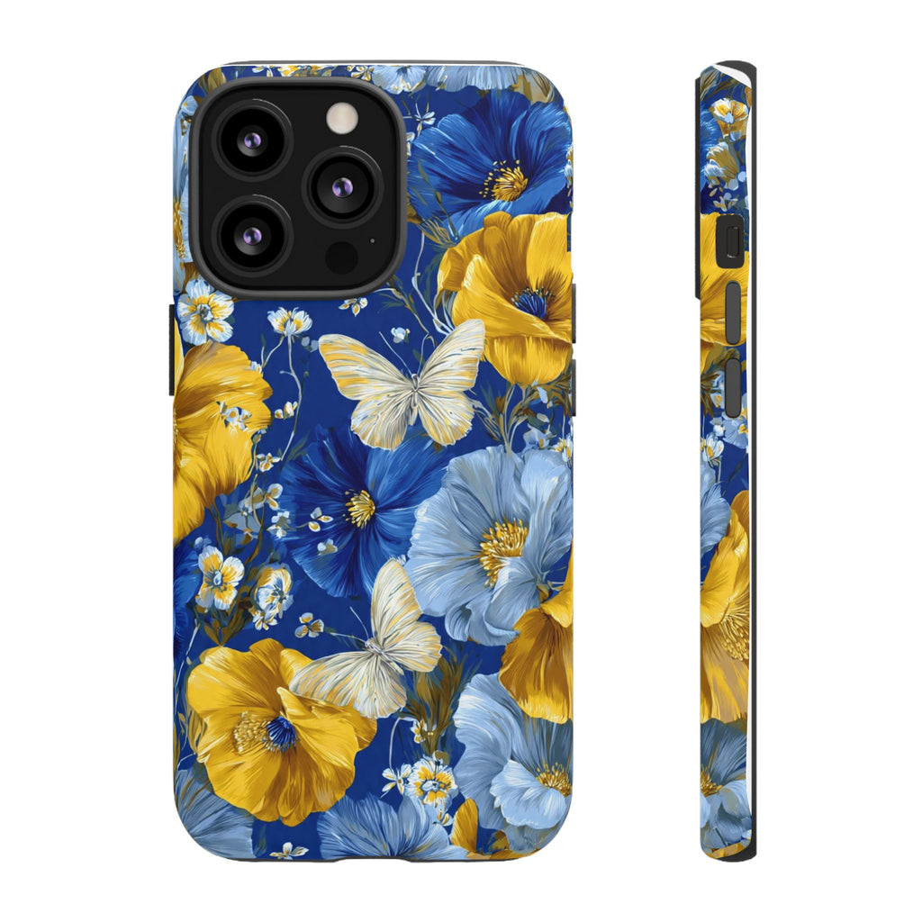 Floral Butterflies Phone Case — Blue & Yellow Tough Protective Cover