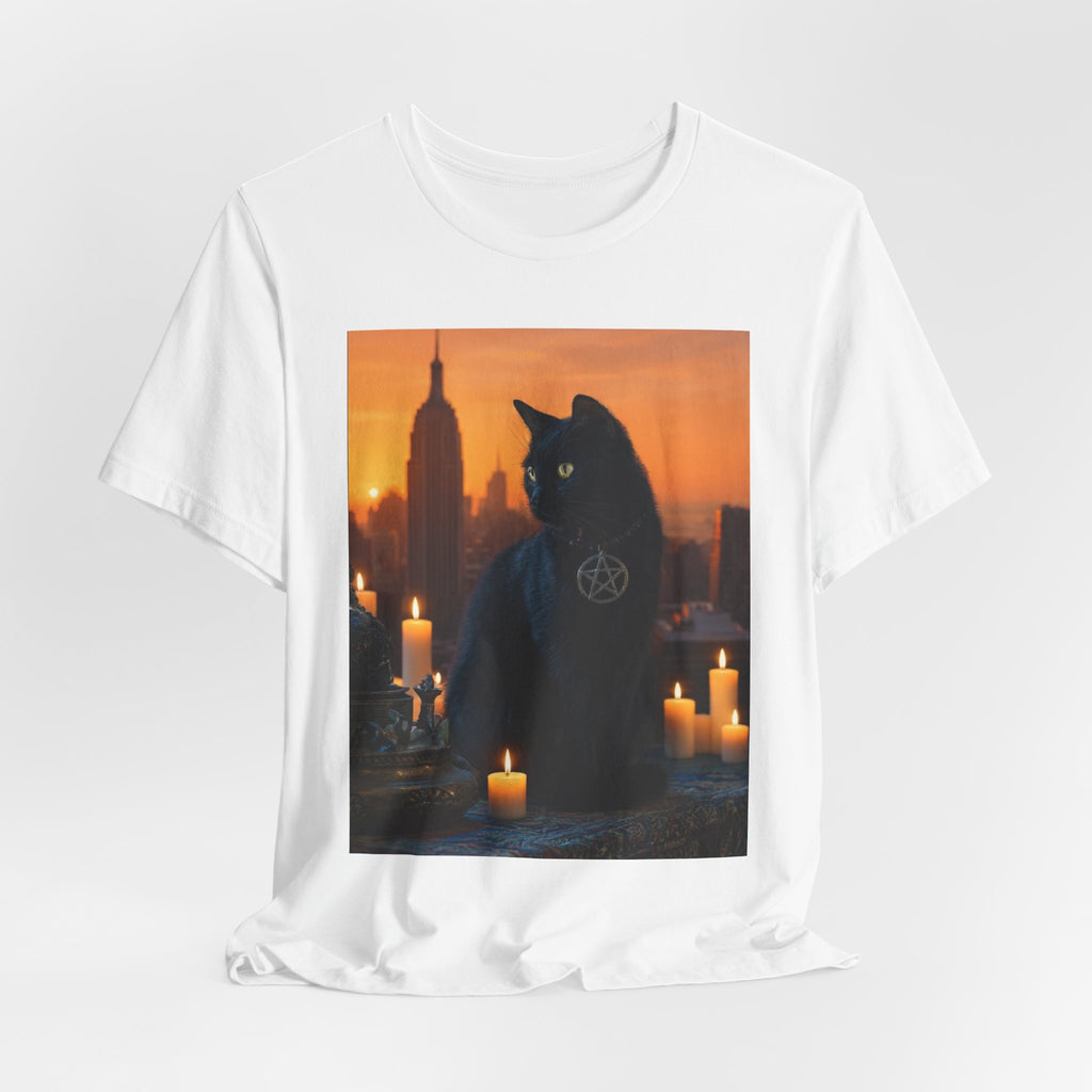 Witchy Black Cat Tee — Pentagram Cat with Candles Sunset Graphic T-Shirt