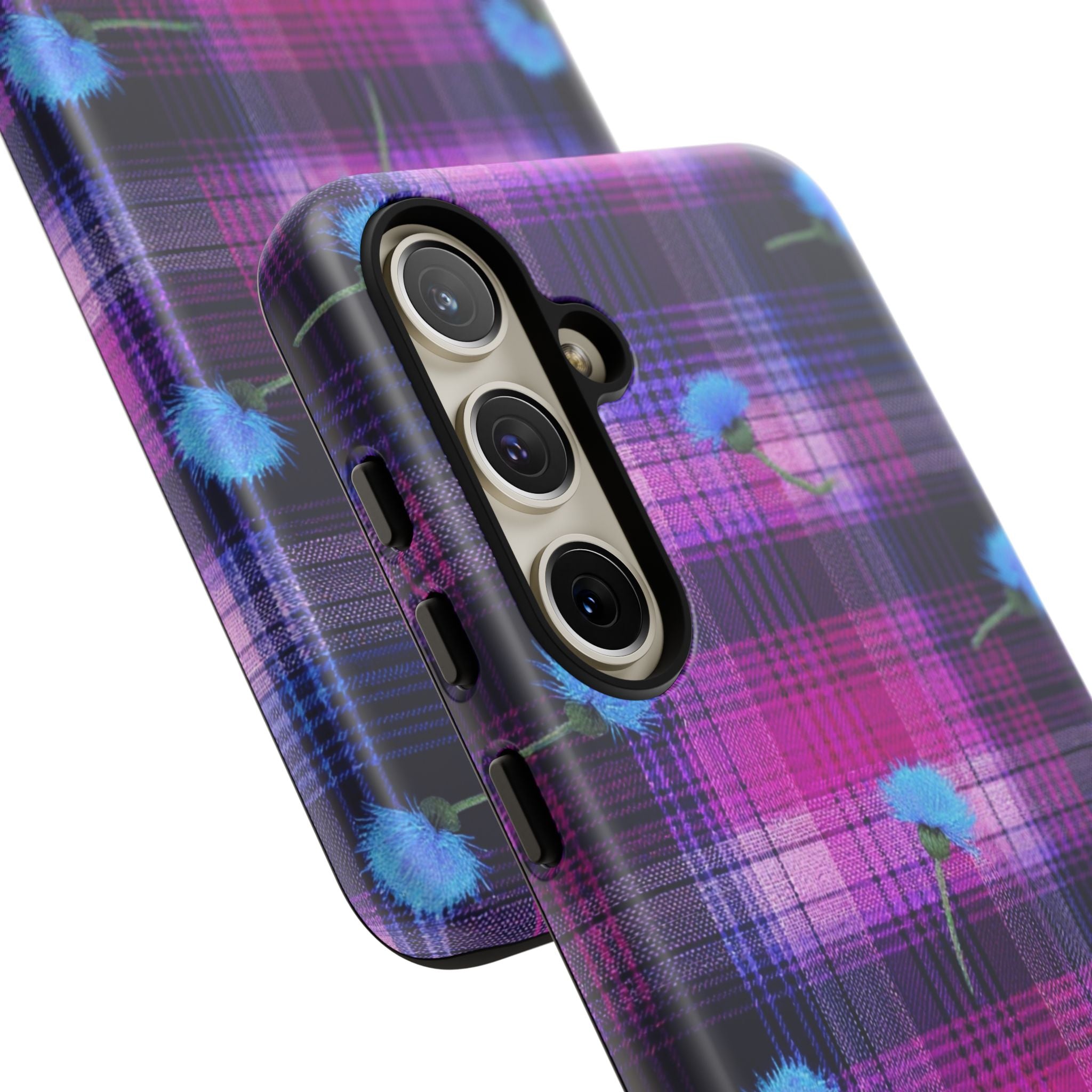 Purple Plaid Blue Thistle Tartan Phone Case — Floral Plaid Protective iPhone Cover