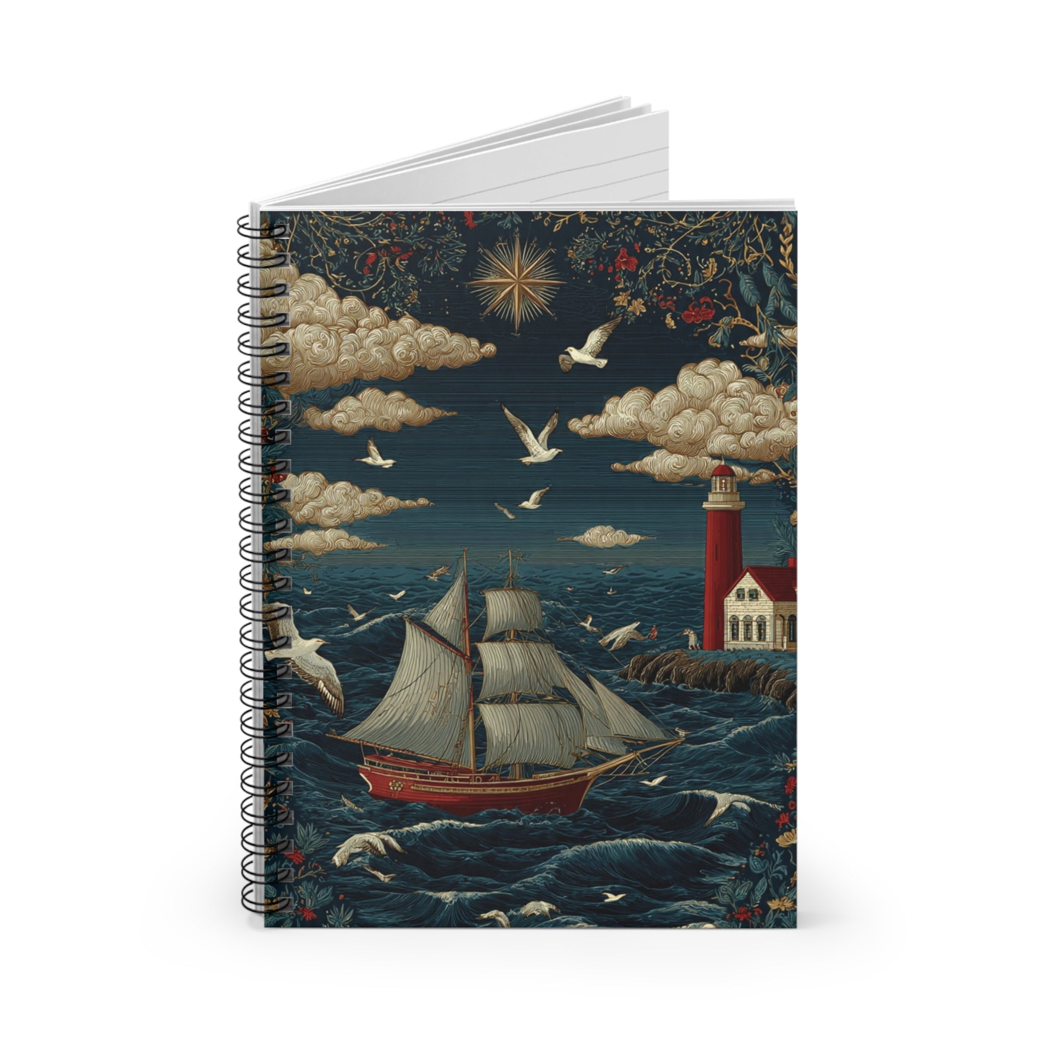 Nautical Lighthouse Spiral Notebook — Sailing Ship Journal, Seagulls & Star Cover