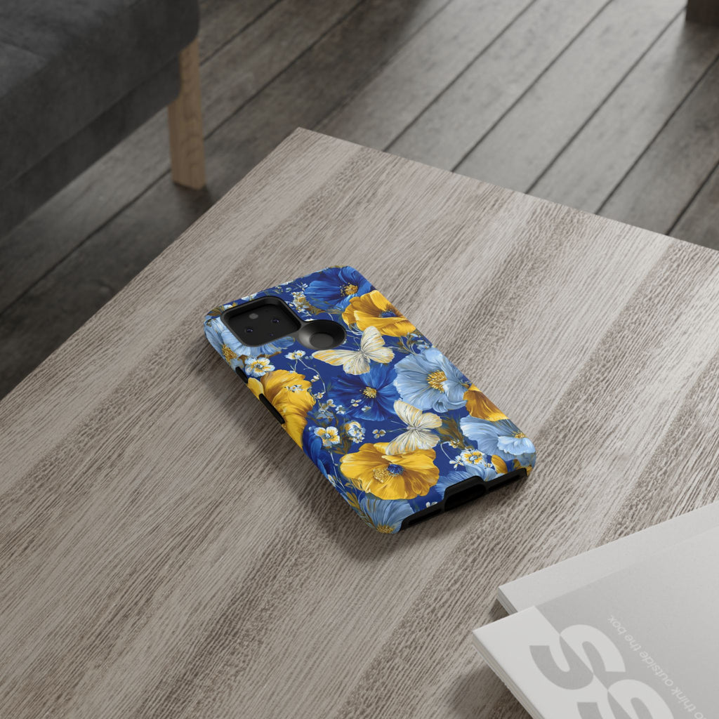 Floral Butterflies Phone Case — Blue & Yellow Tough Protective Cover