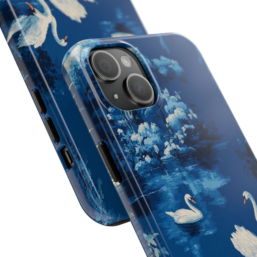 Swan Lake Tough Phone Case — Blue Vintage Swan Design, Durable Protective Cover