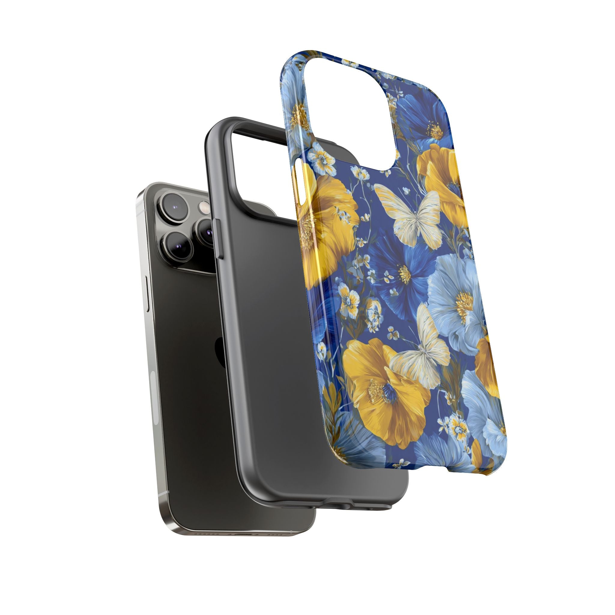 Floral Butterflies Phone Case — Blue & Yellow Tough Protective Cover