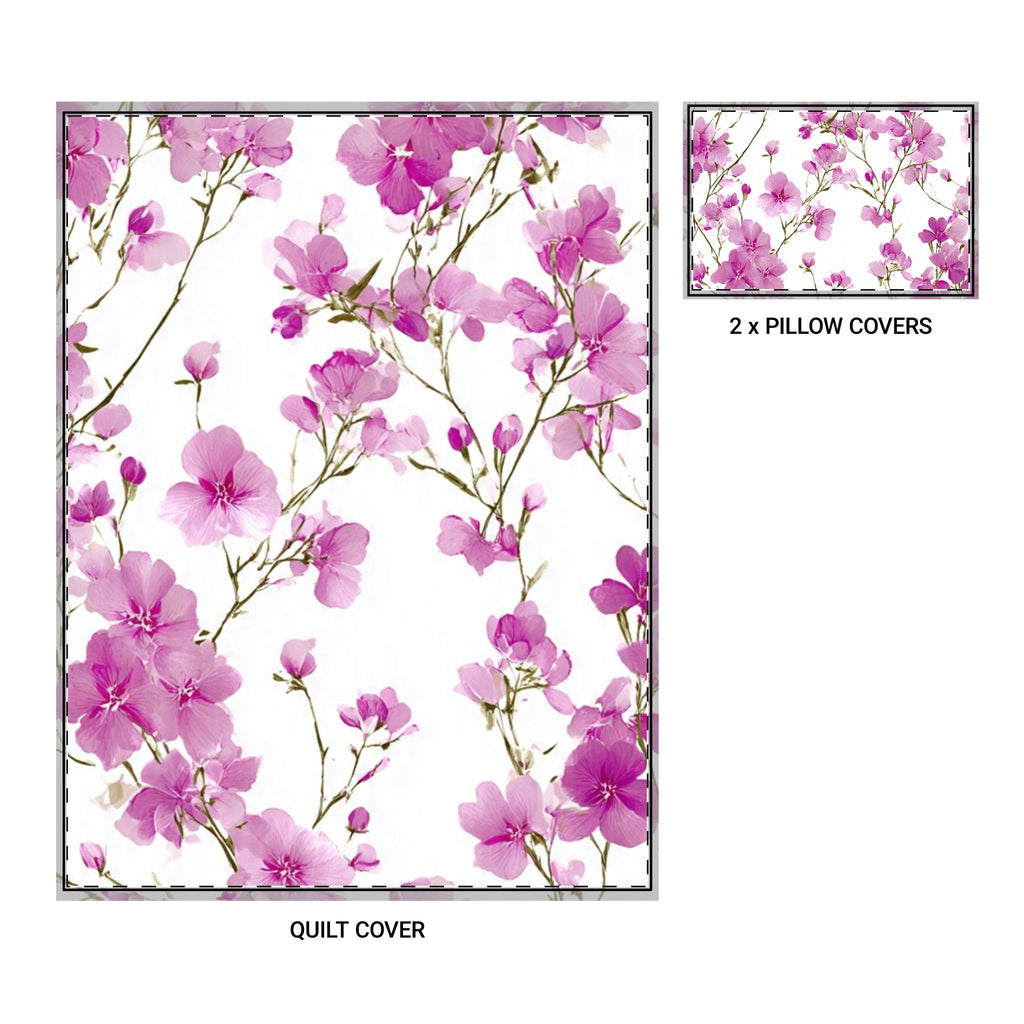 Pink Floral Quilt Cover Set of 3 — Cherry Blossom Duvet Cover + 2 Pillowcases
