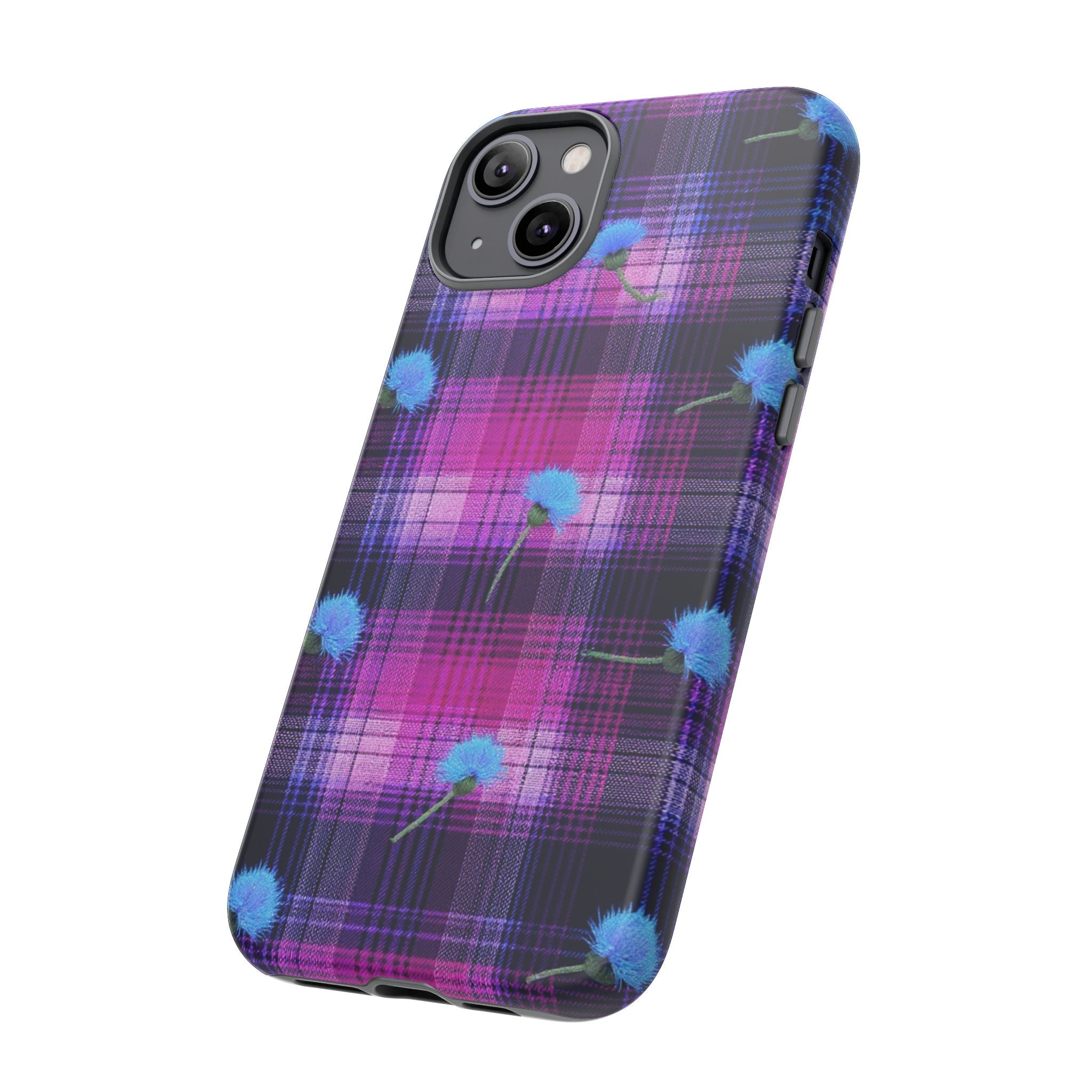 Purple Plaid Blue Thistle Tartan Phone Case — Floral Plaid Protective iPhone Cover