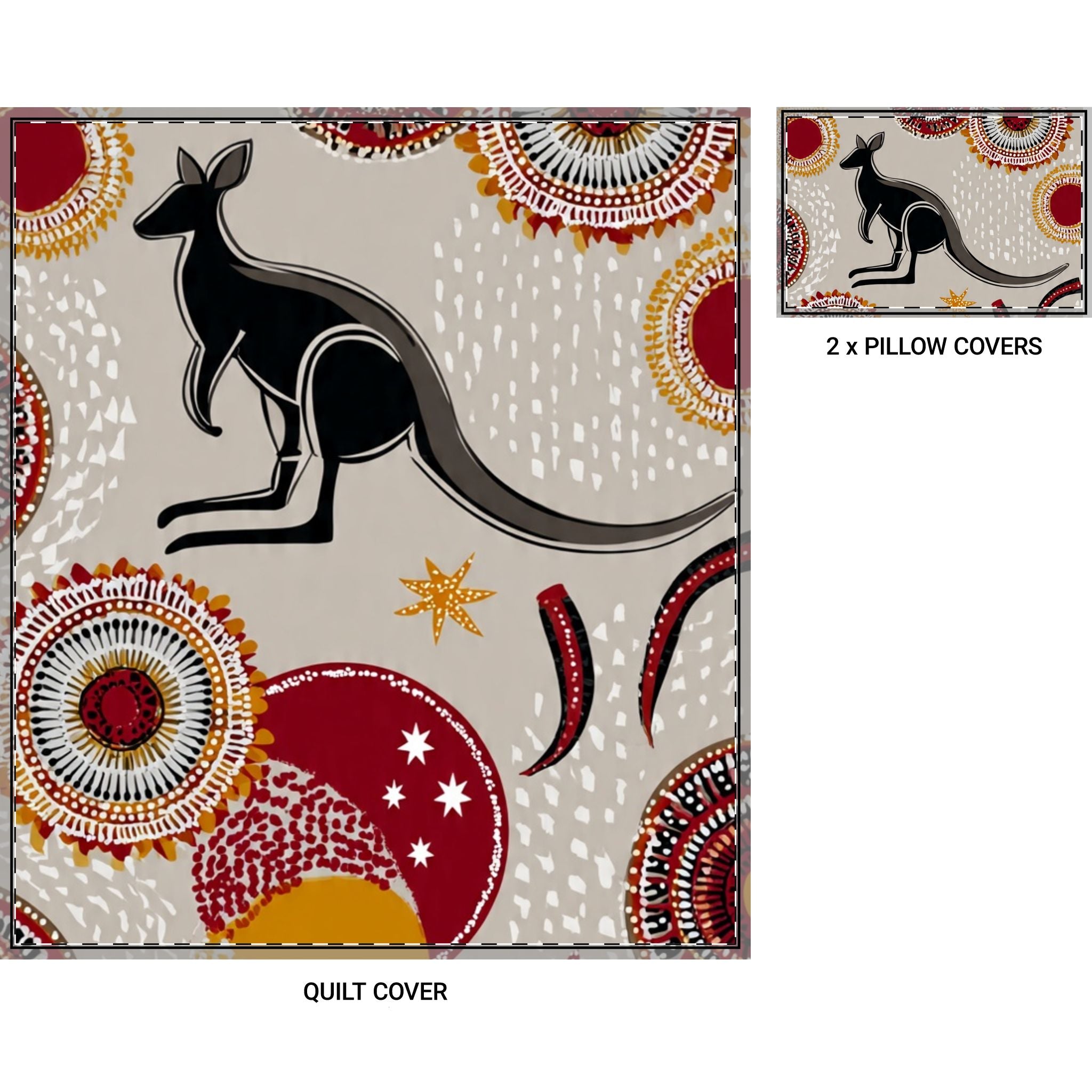 Kangaroo Boho Quilted Duvet Cover Set (3‑Piece) — Aboriginal Dot Art Accent