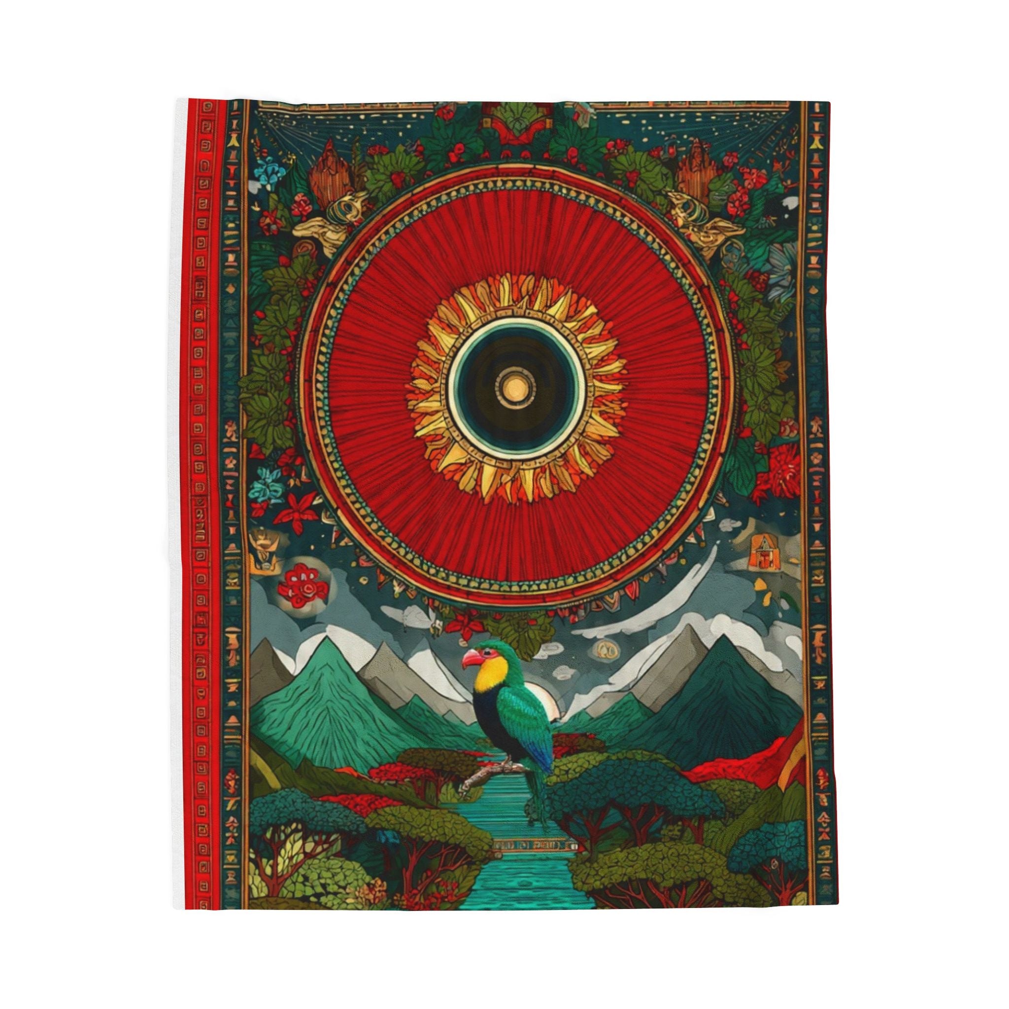 Velveteen Plush Blanket — Bohemian Sun & Mountain Tapestry Design