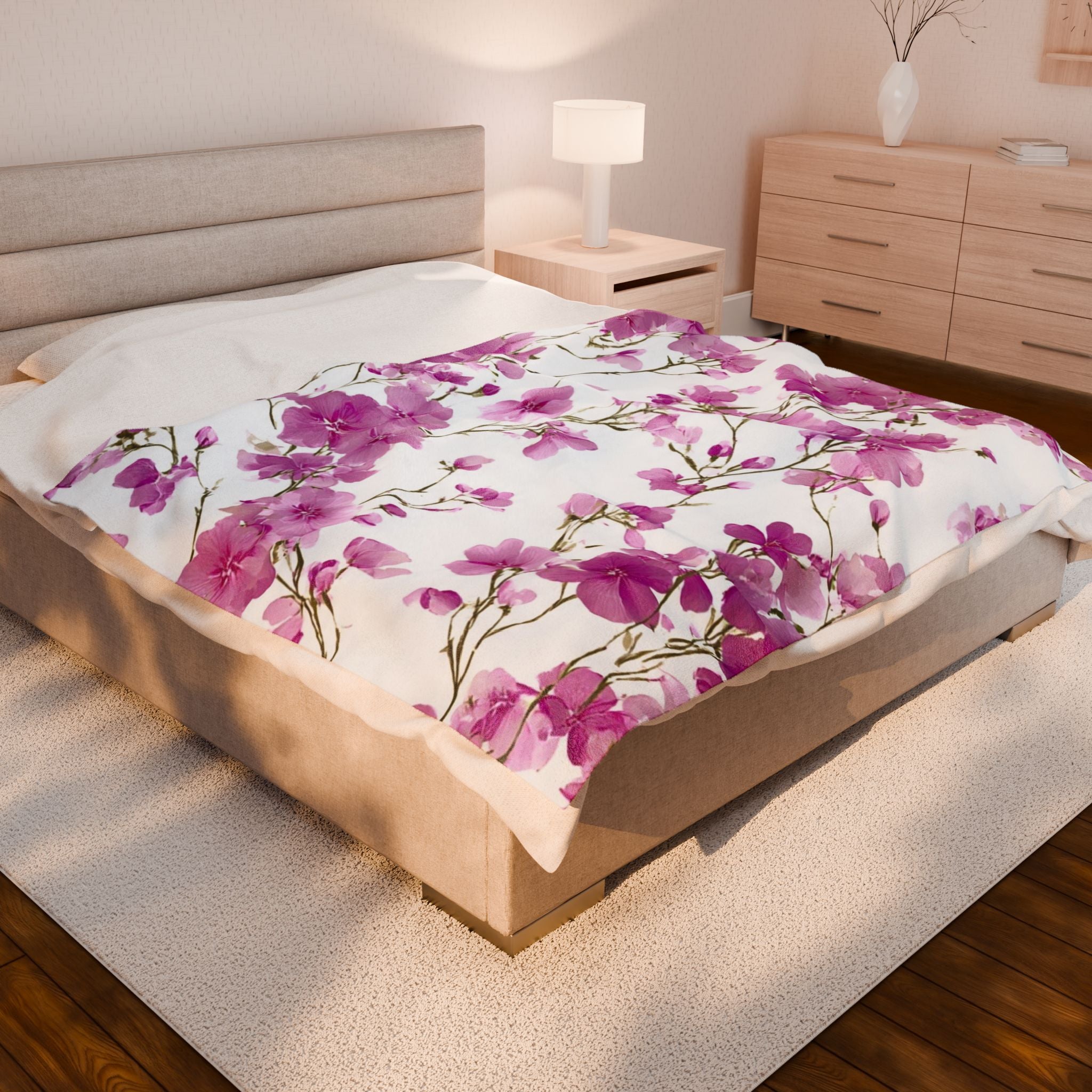 Velveteen Plush Blanket — Pink Cherry Blossom Floral Throw, Soft Cozy Bed & Couch Accent