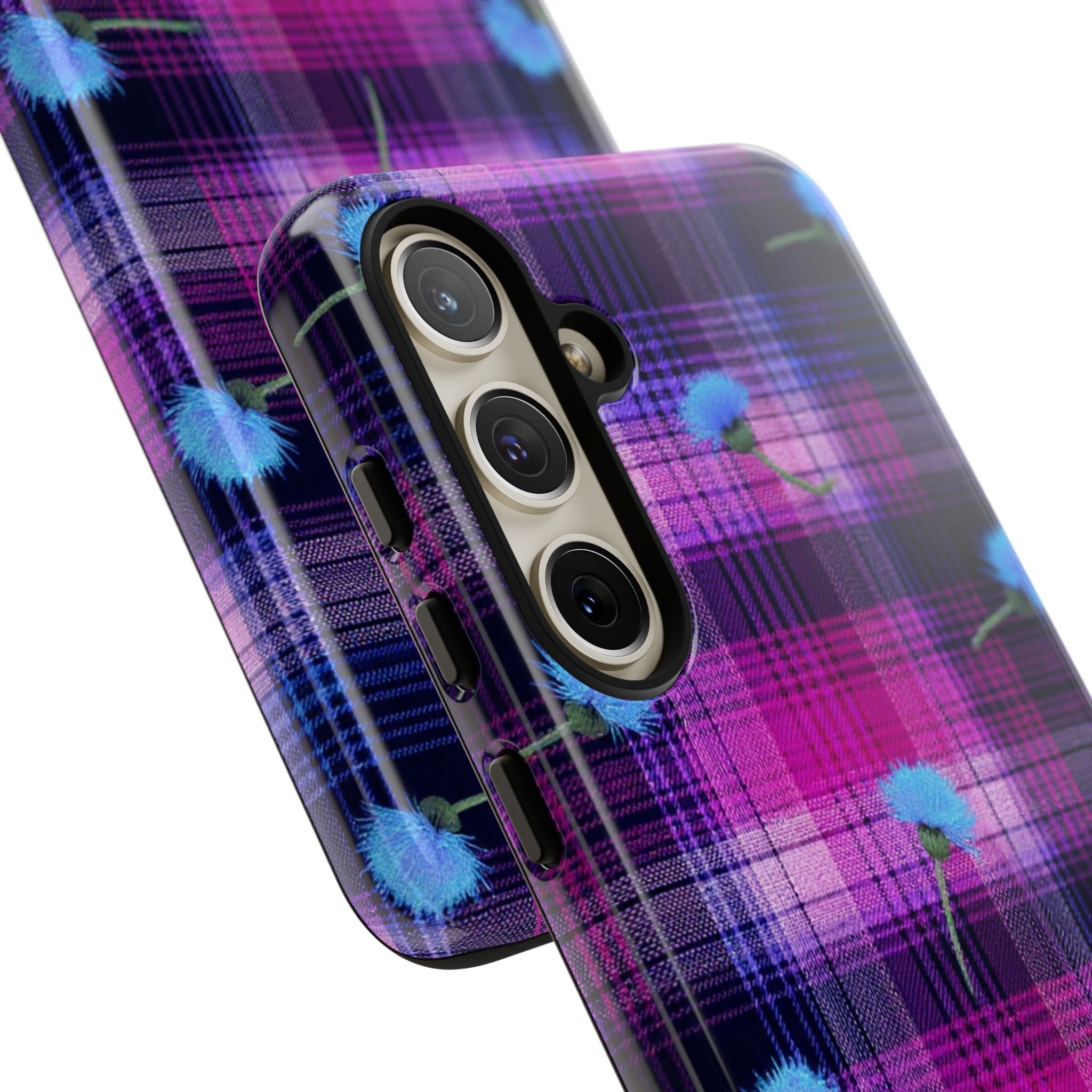 Purple Plaid Blue Thistle Tartan Phone Case — Floral Plaid Protective iPhone Cover