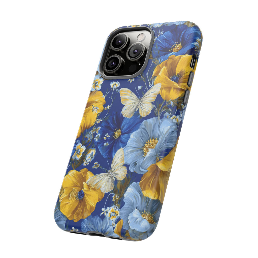 Floral Butterflies Phone Case — Blue & Yellow Tough Protective Cover
