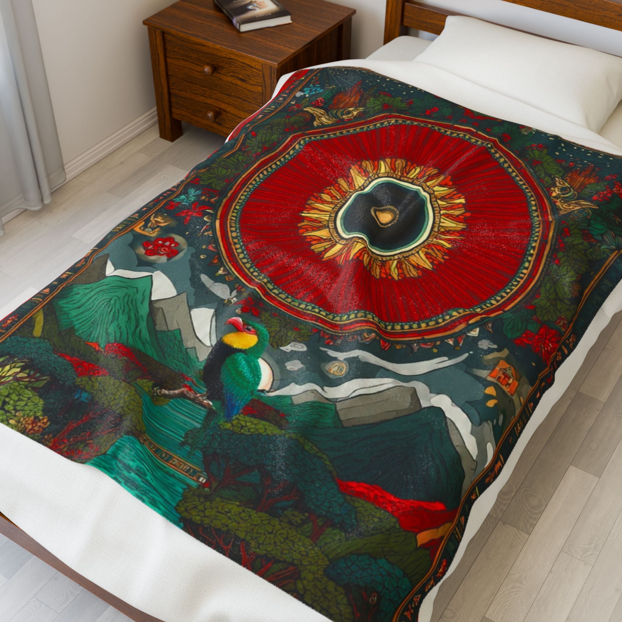 Velveteen Plush Blanket — Bohemian Sun & Mountain Tapestry Design