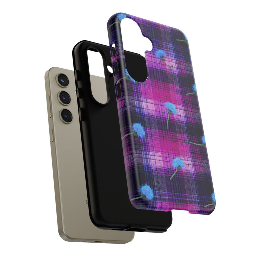 Purple Plaid Blue Thistle Tartan Phone Case — Floral Plaid Protective iPhone Cover