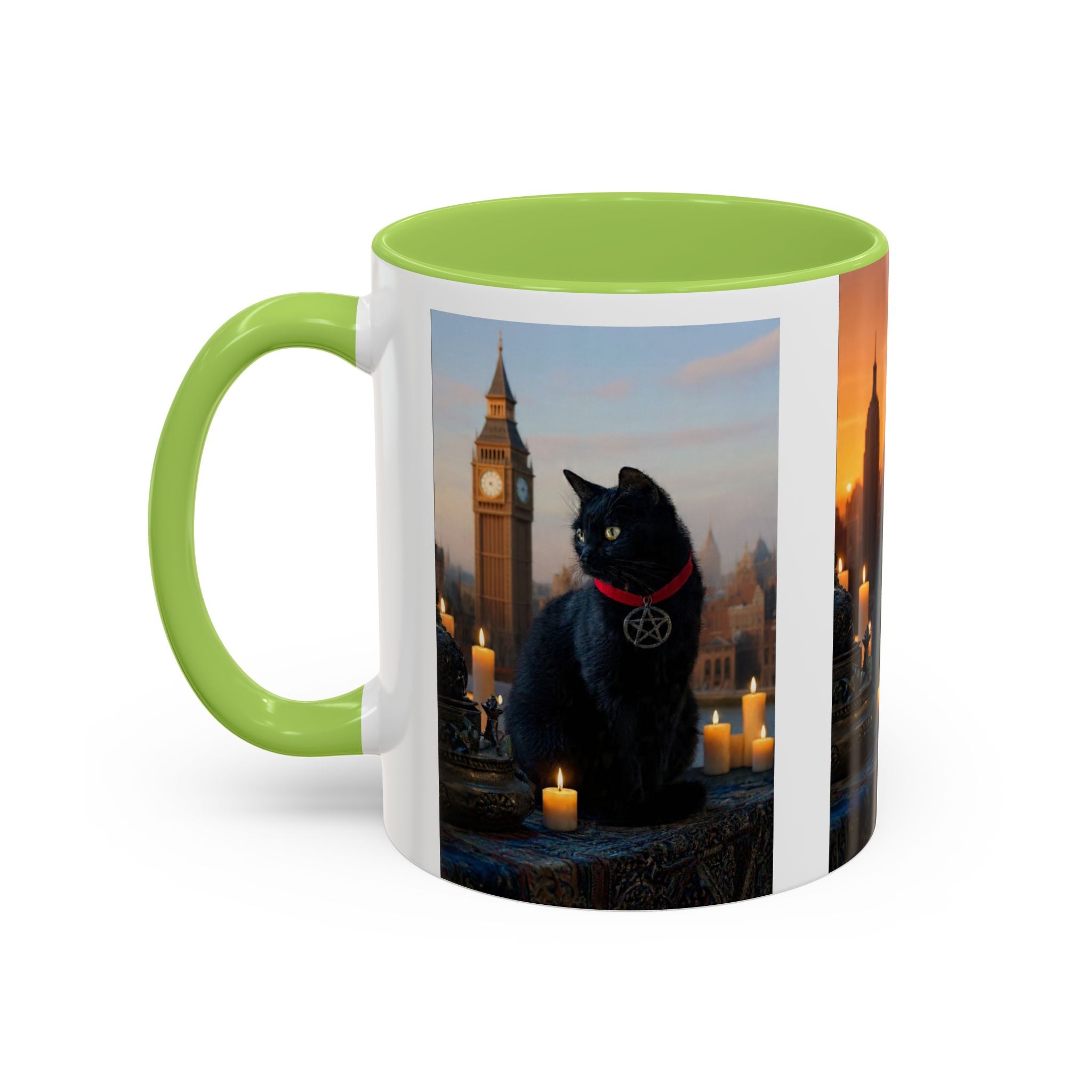 Black Cat Altar Coffee Mug — Gothic Cat with Pentagram, Candlelit Sunset Scene (11/15oz)