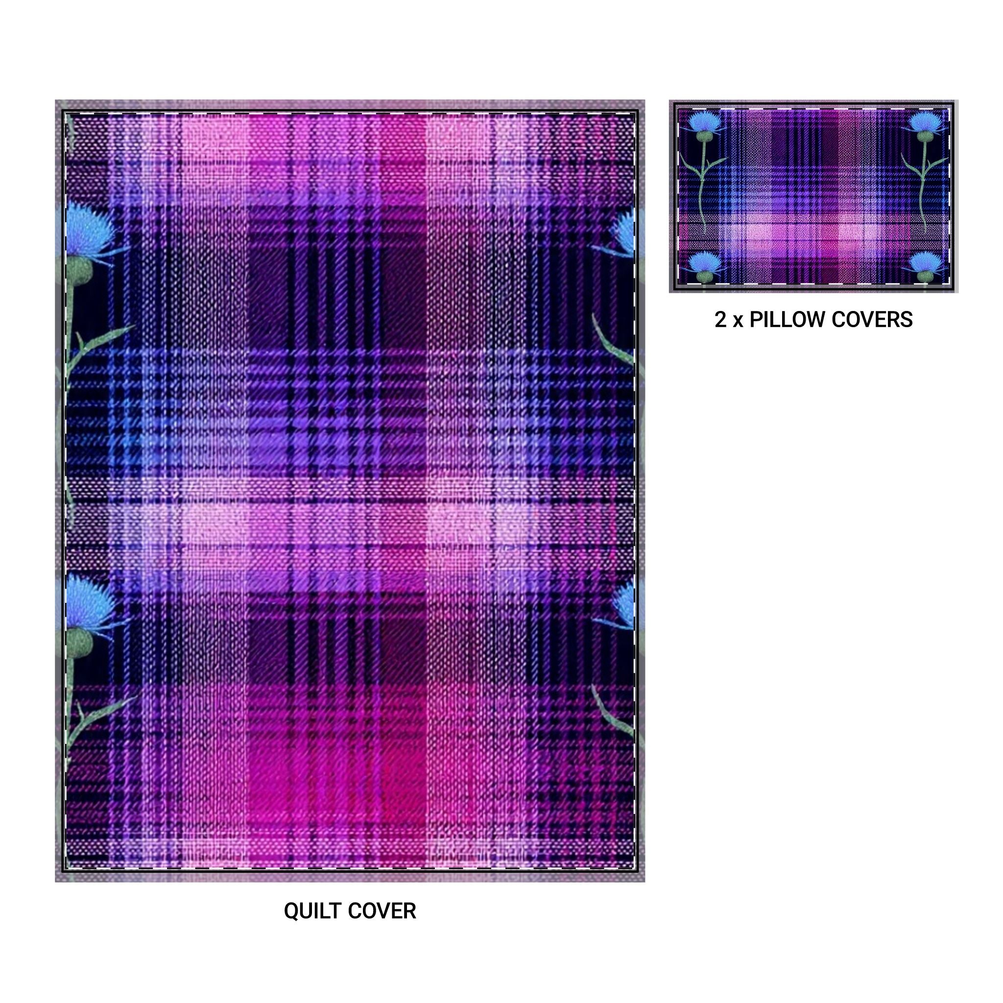 Purple Plaid Quilt Cover Set — 3-Piece Duvet & Pillow Covers (Floral Accent)