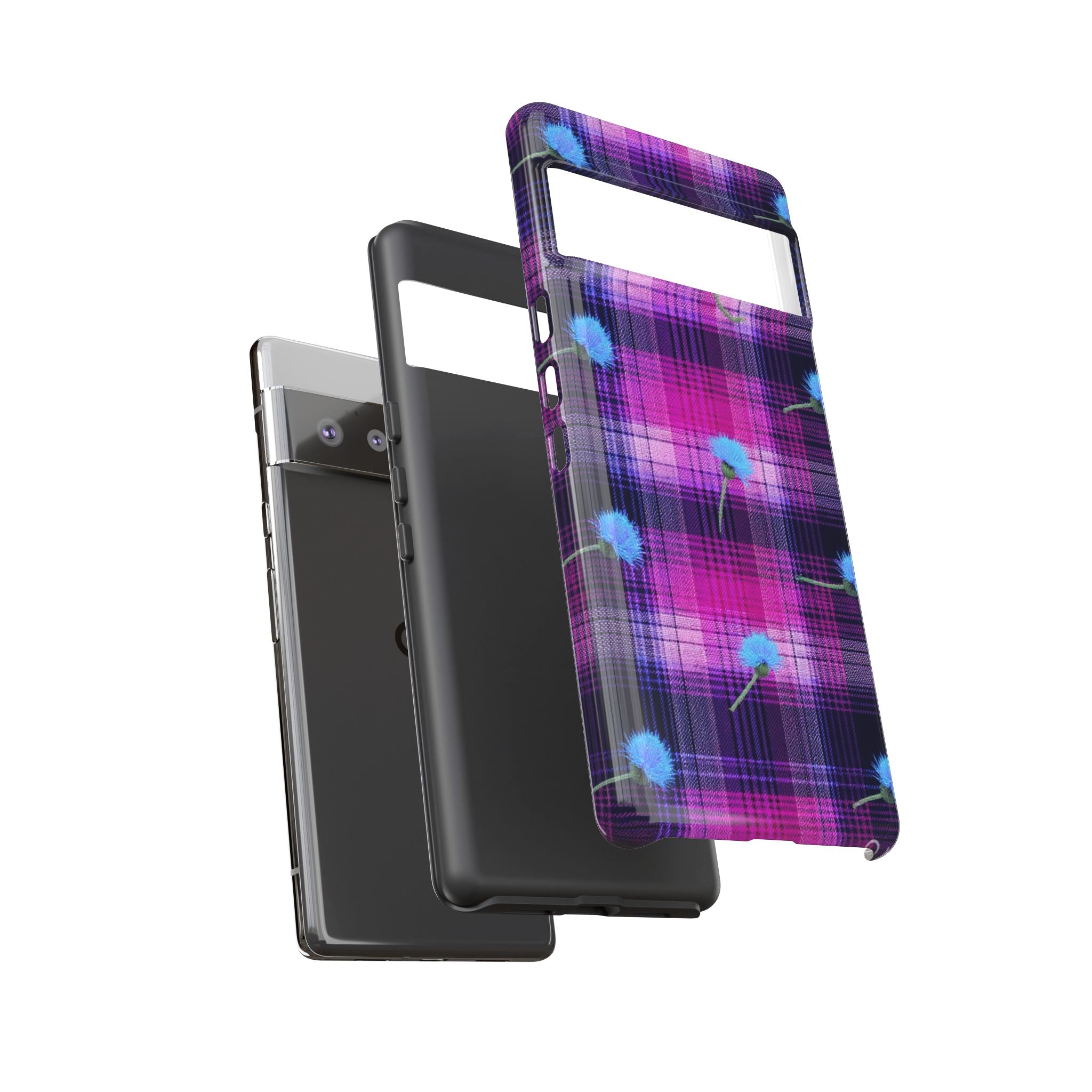 Purple Plaid Blue Thistle Tartan Phone Case — Floral Plaid Protective iPhone Cover