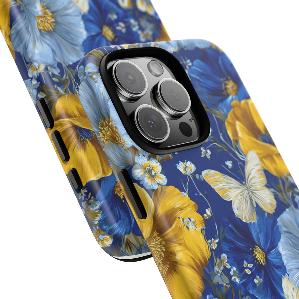 Floral Butterflies Phone Case — Blue & Yellow Tough Protective Cover