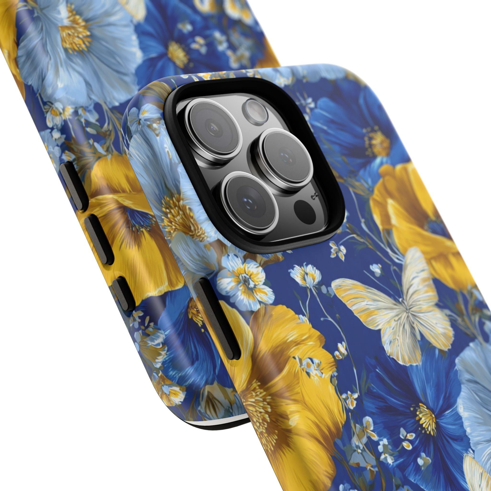 Floral Butterflies Phone Case — Blue & Yellow Tough Protective Cover