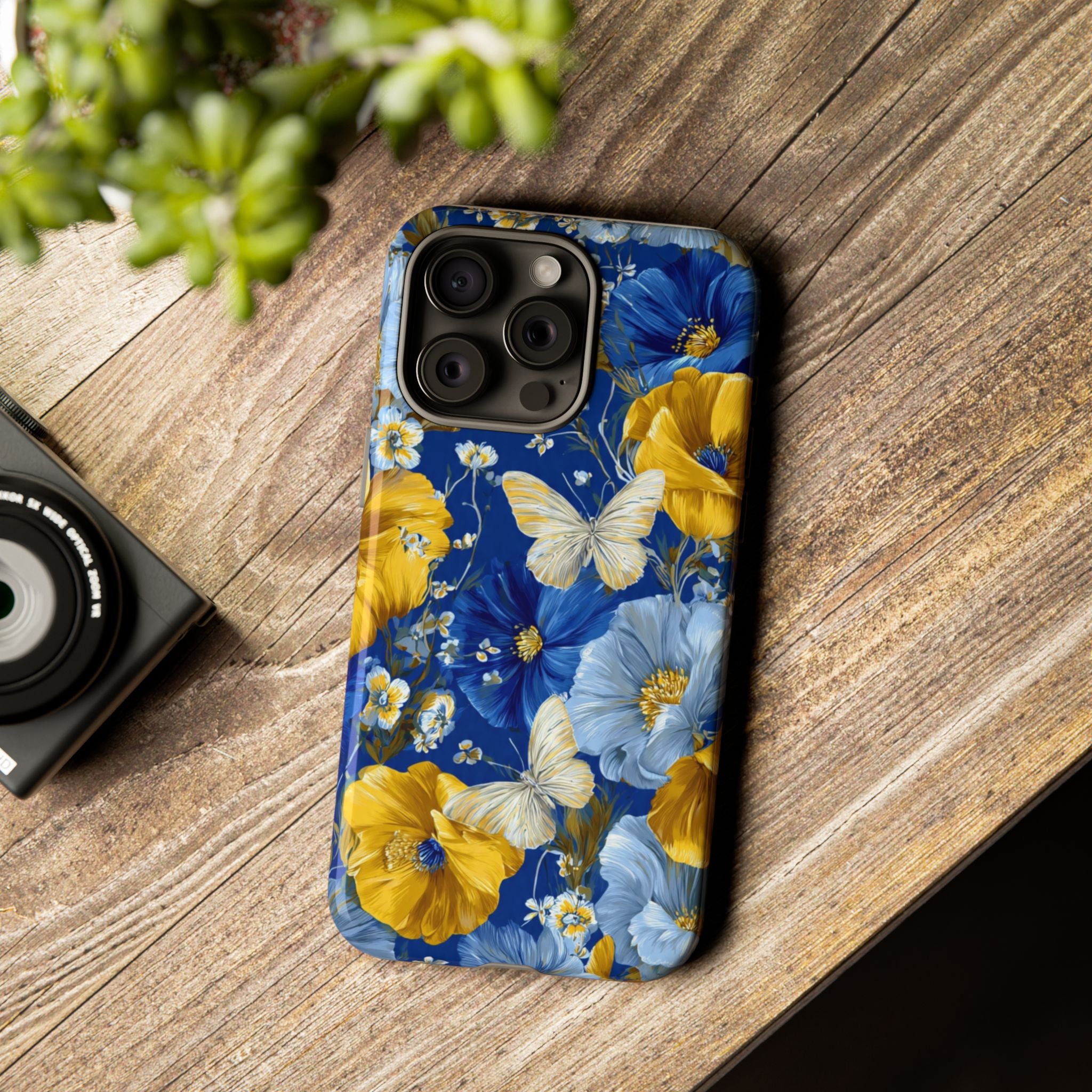 Floral Butterflies Phone Case — Blue & Yellow Tough Protective Cover