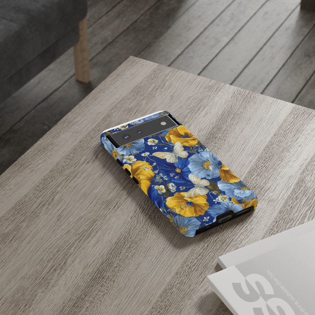 Floral Butterflies Phone Case — Blue & Yellow Tough Protective Cover