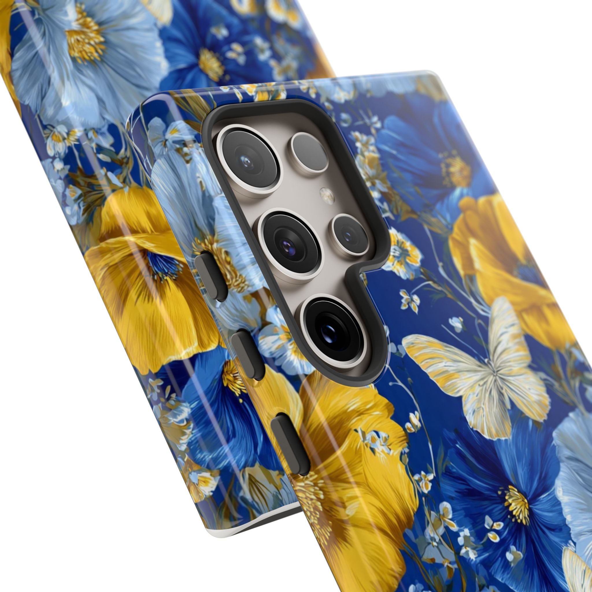 Floral Butterflies Phone Case — Blue & Yellow Tough Protective Cover