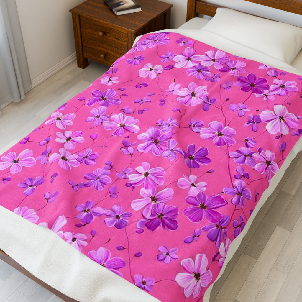 Velveteen Plush Blanket — Pink Floral Cherry Blossom Throw for Cozy Home & Gifts