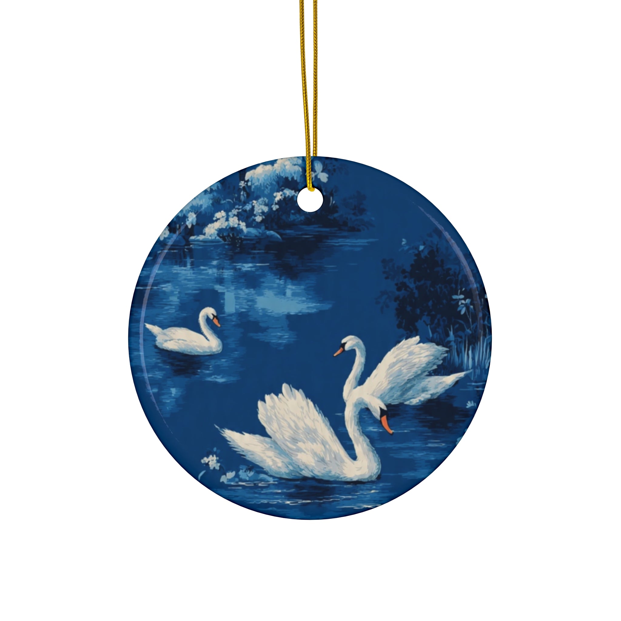 Swan Lake Ceramic Ornament — Round Holiday Tree Decoration