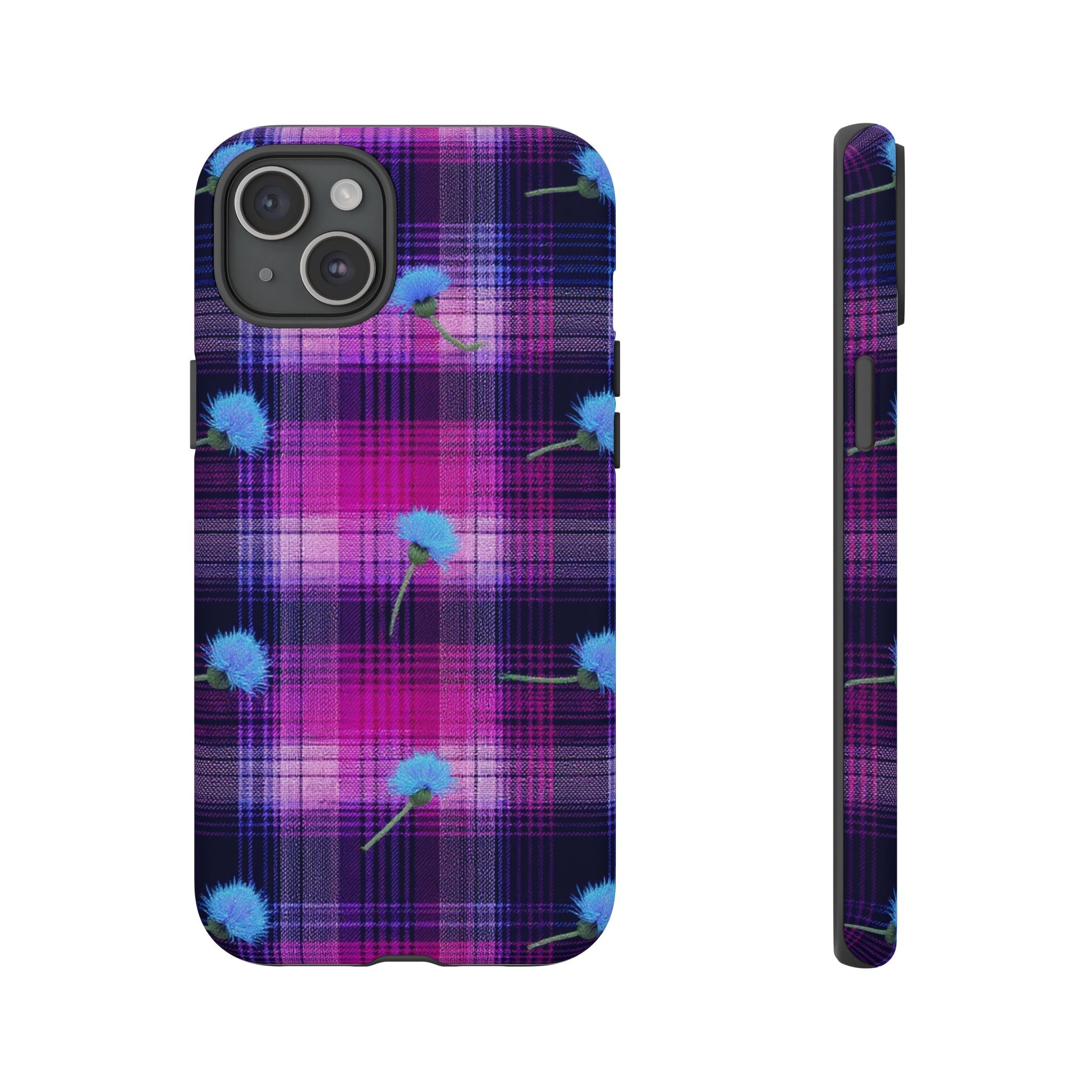 Purple Plaid Blue Thistle Tartan Phone Case — Floral Plaid Protective iPhone Cover