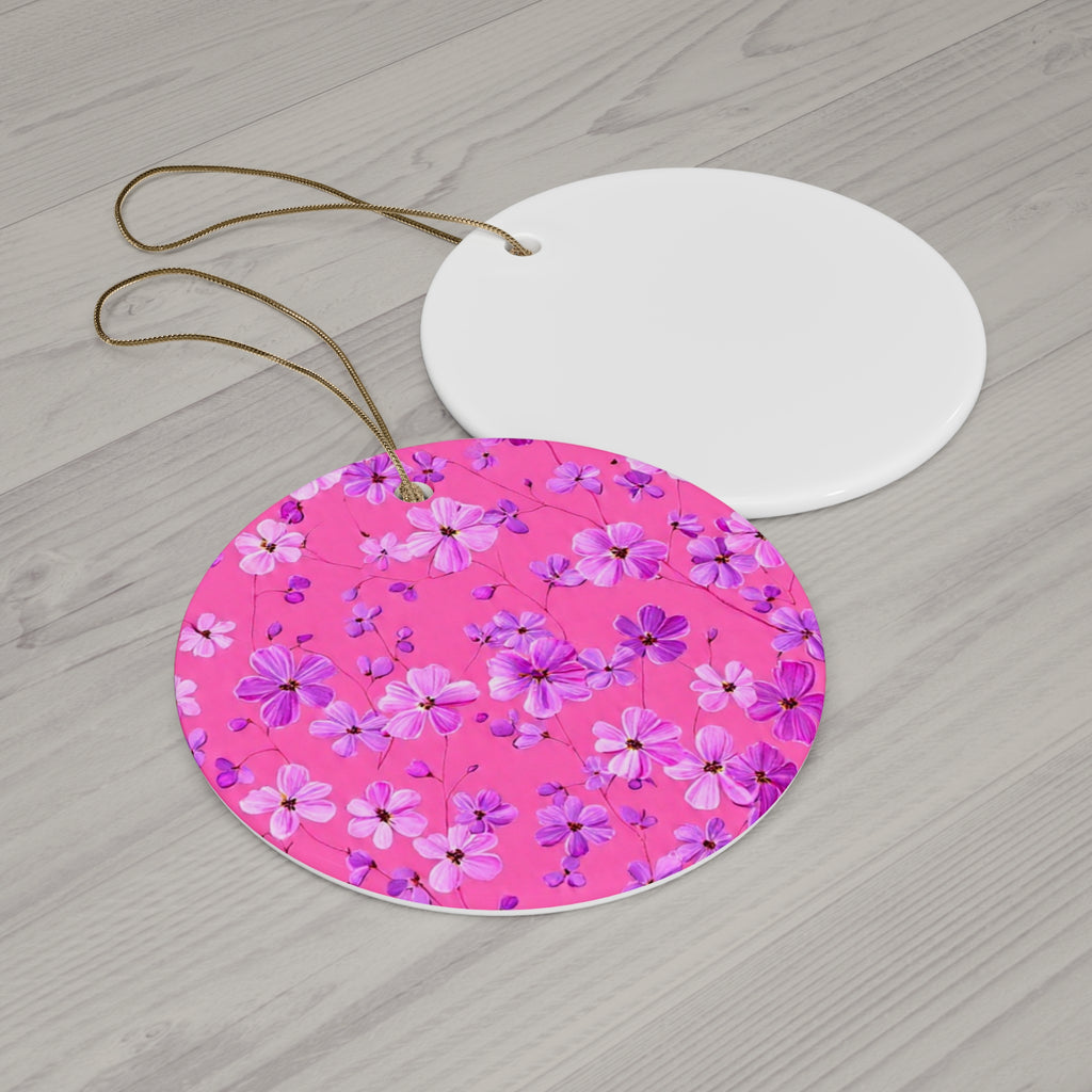 Floral Pink Star Ceramic Ornament — Flower Pattern Holiday Decoration