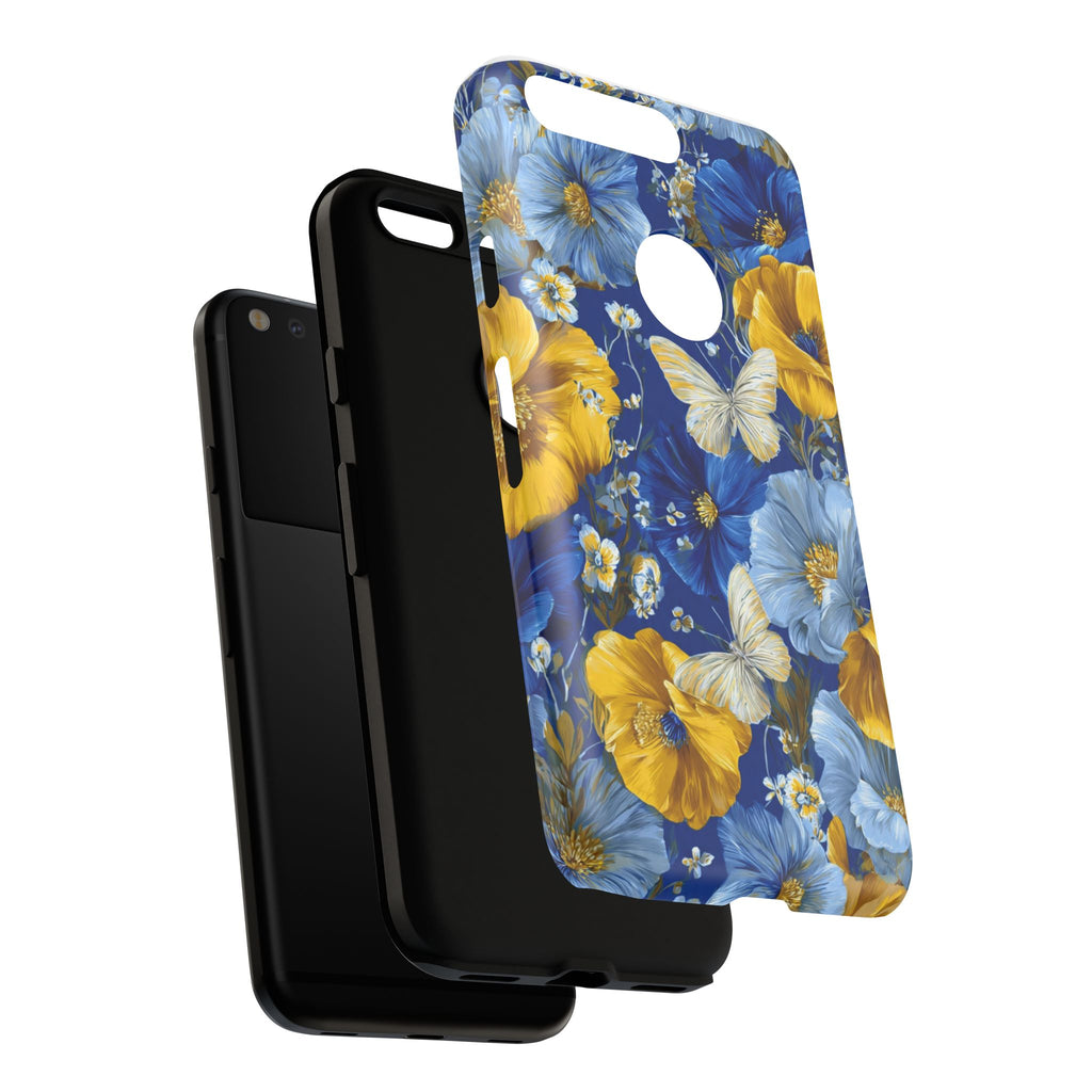 Floral Butterflies Phone Case — Blue & Yellow Tough Protective Cover