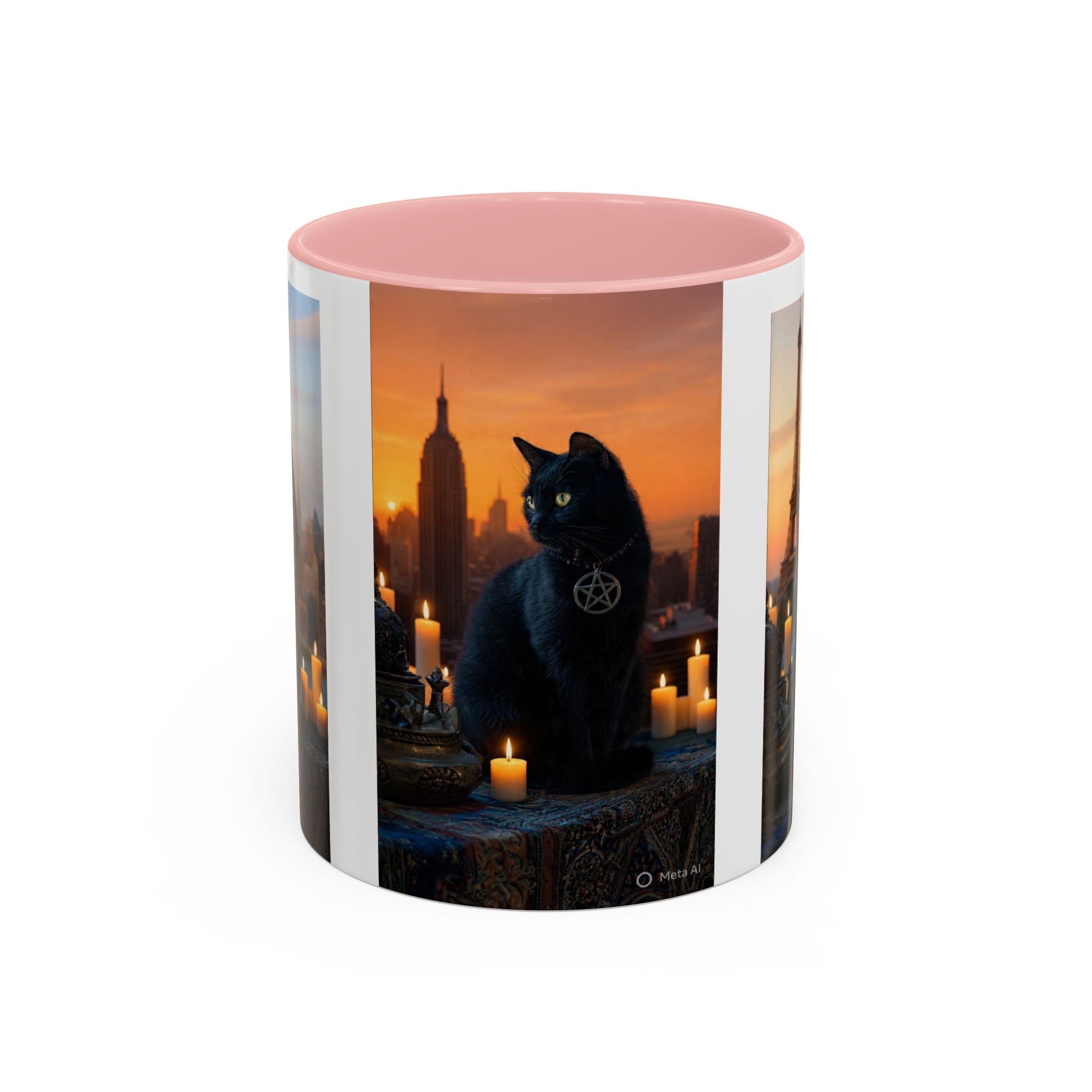 Black Cat Altar Coffee Mug — Gothic Cat with Pentagram, Candlelit Sunset Scene (11/15oz)