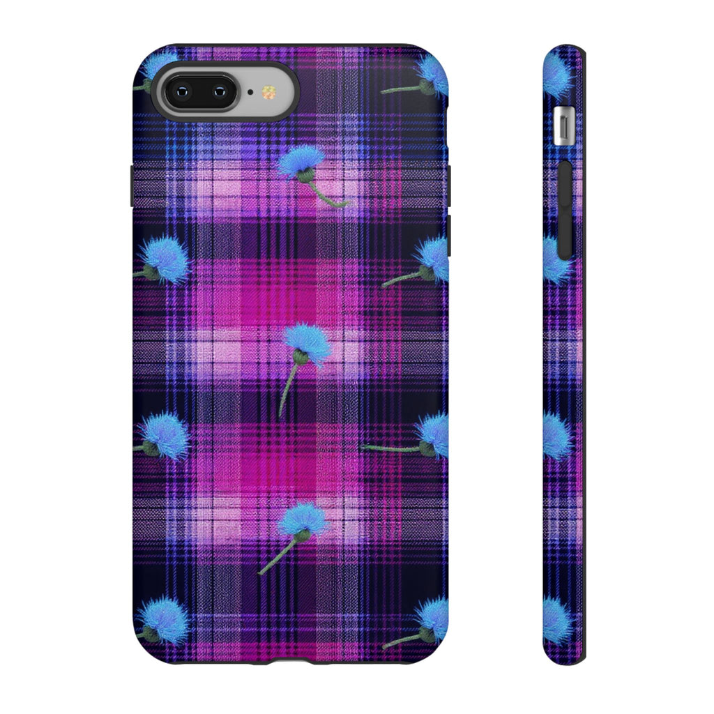 Purple Plaid Blue Thistle Tartan Phone Case — Floral Plaid Protective iPhone Cover